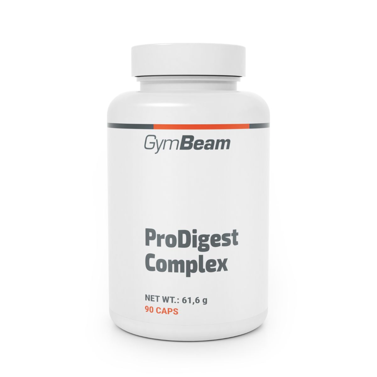 GymBeam ProDigest Complex Kapseldose, weiß, mit rotem und grauem Streifen. Enthält 90 Kapseln.