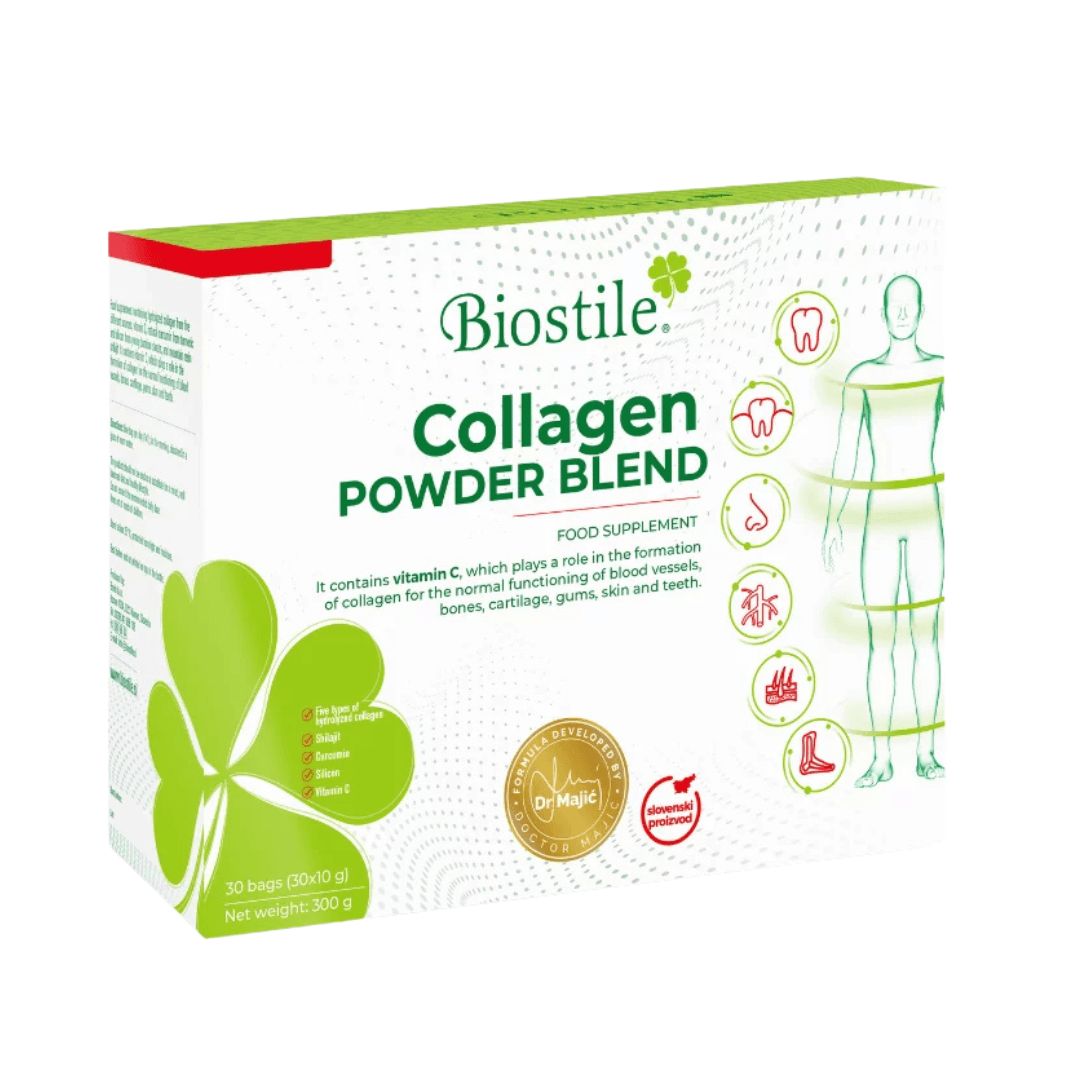 Packung Biostile Collagen Powder Blend mit Informationen zu Haut, Haaren und Nägeln.