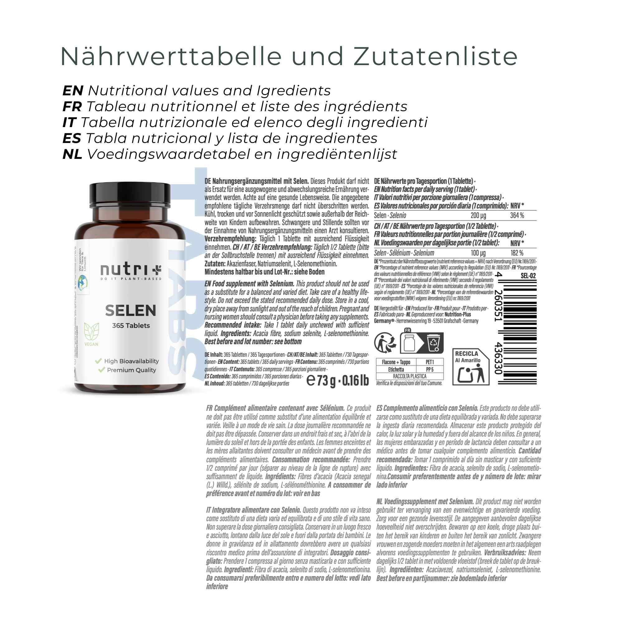 Flasche nutri+ Selen 365 Tabletten, Nährwertangaben und Zutatenliste in mehreren Sprachen.