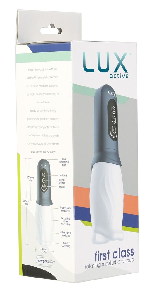 Verpackung mit Masturbator-Cup. Produktabbildung, Text: LUX active, first class, rotating masturbator cup. Technische Details.