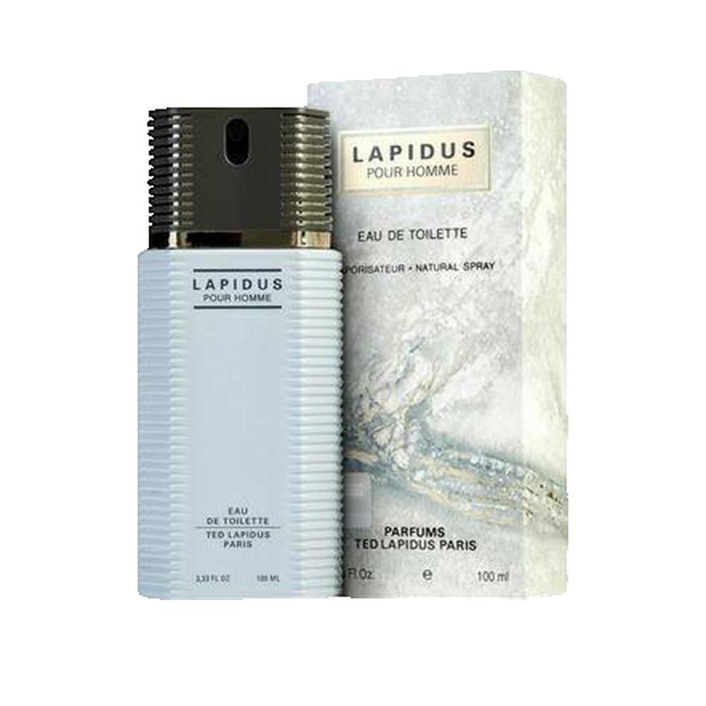 Hellblaues Eau de Toilette von Ted Lapidus mit rechteckiger Flasche und schwarzem Deckel. Mit Verpackung.
