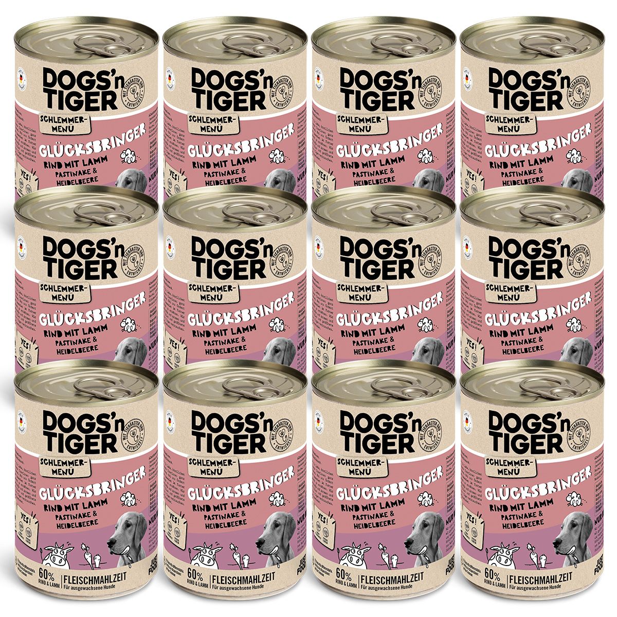 Mehrere Dosen Hundefutter, angeordnet in Reihen. Auf jeder Dose ist das Logo "Dogs'n Tiger" und Produktinformationen zu sehen.