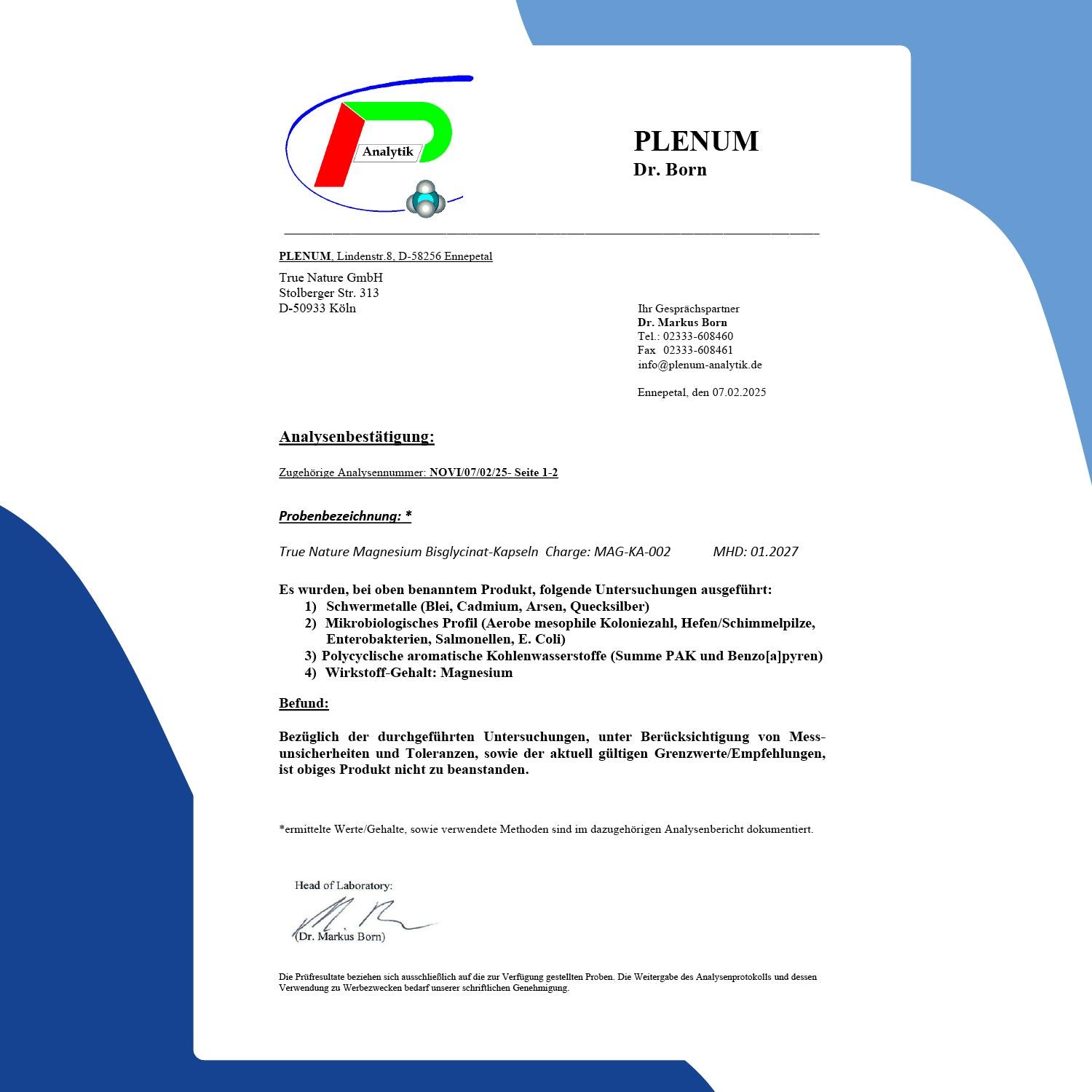 Analysenzertifikat von Plenum Dr. Born. Angaben zu Proben, Analyseergebnissen und Beurteilung. Logo und Unterschrift.