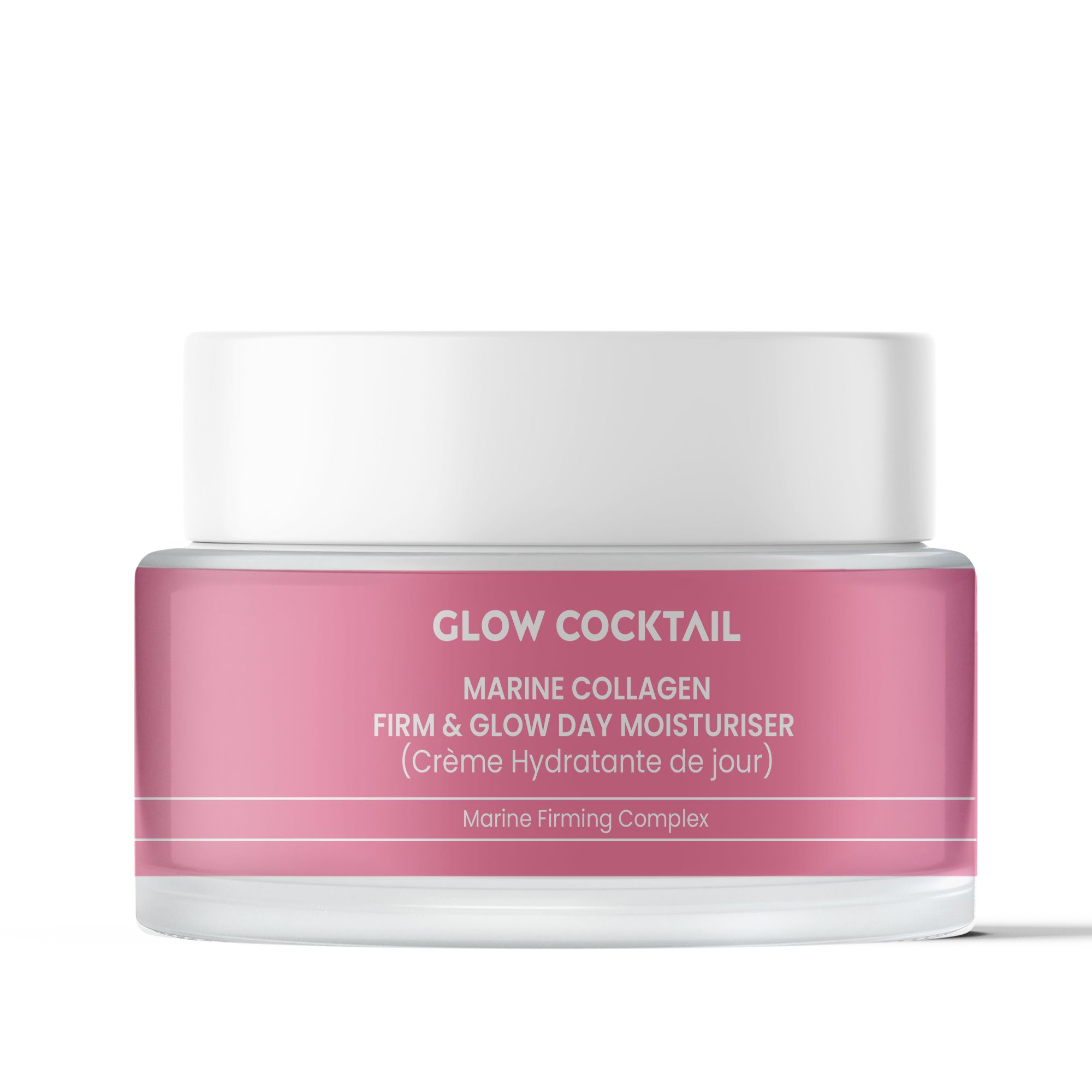 Rosa Creme-Dose mit weißem Deckel. Aufschrift: Marine Collagen Firm & Glow Day Moisturiser. Marke: Glow Cocktail.