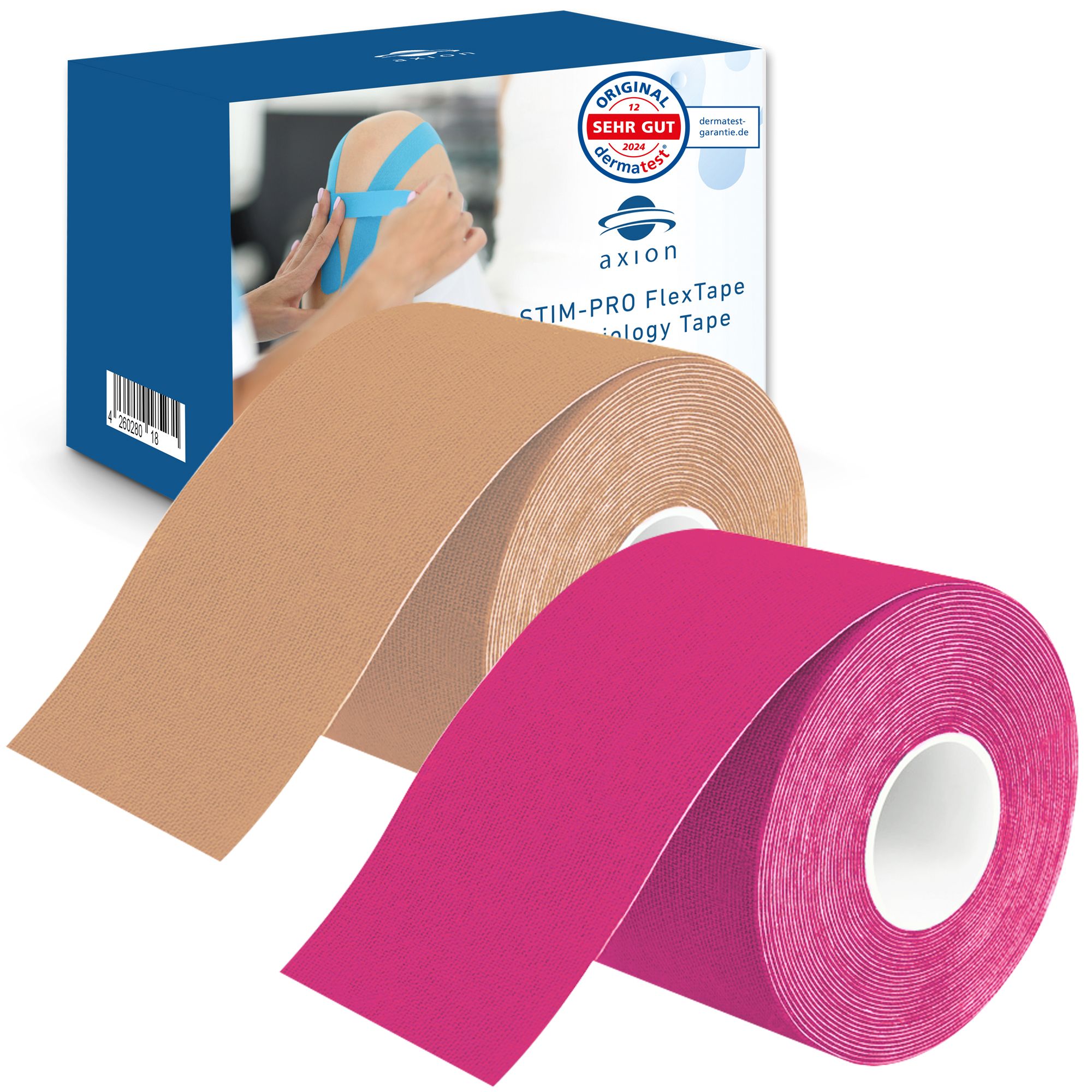 Rollen Kinesiologie-Tape in Beige und Pink. Verpackung mit Produktabbildung und axion-Logo. Aufdruck: STIM-PRO FlexTape.