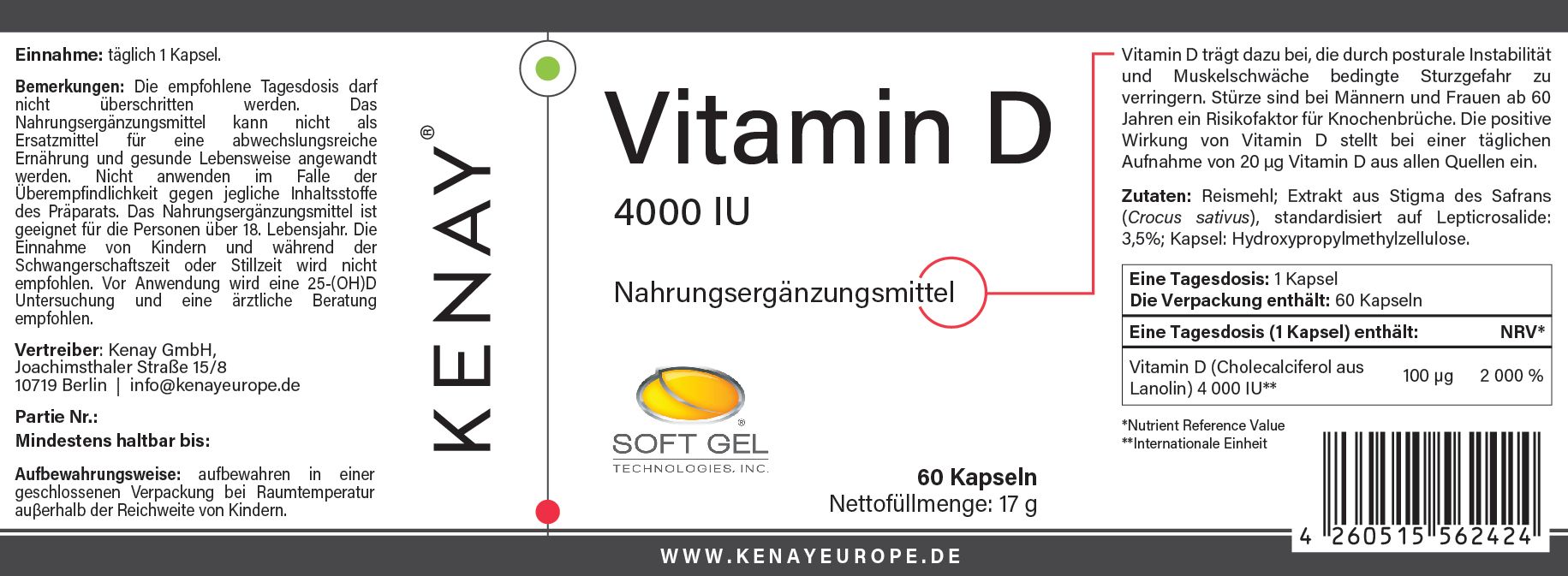 Etikett einer Vitamin D 4000 IU Flasche. KENAY® Logo, Softgel-Technologie, 60 Kapseln. Text: Nahrungsergänzungsmittel. Inhaltsstoffe.
