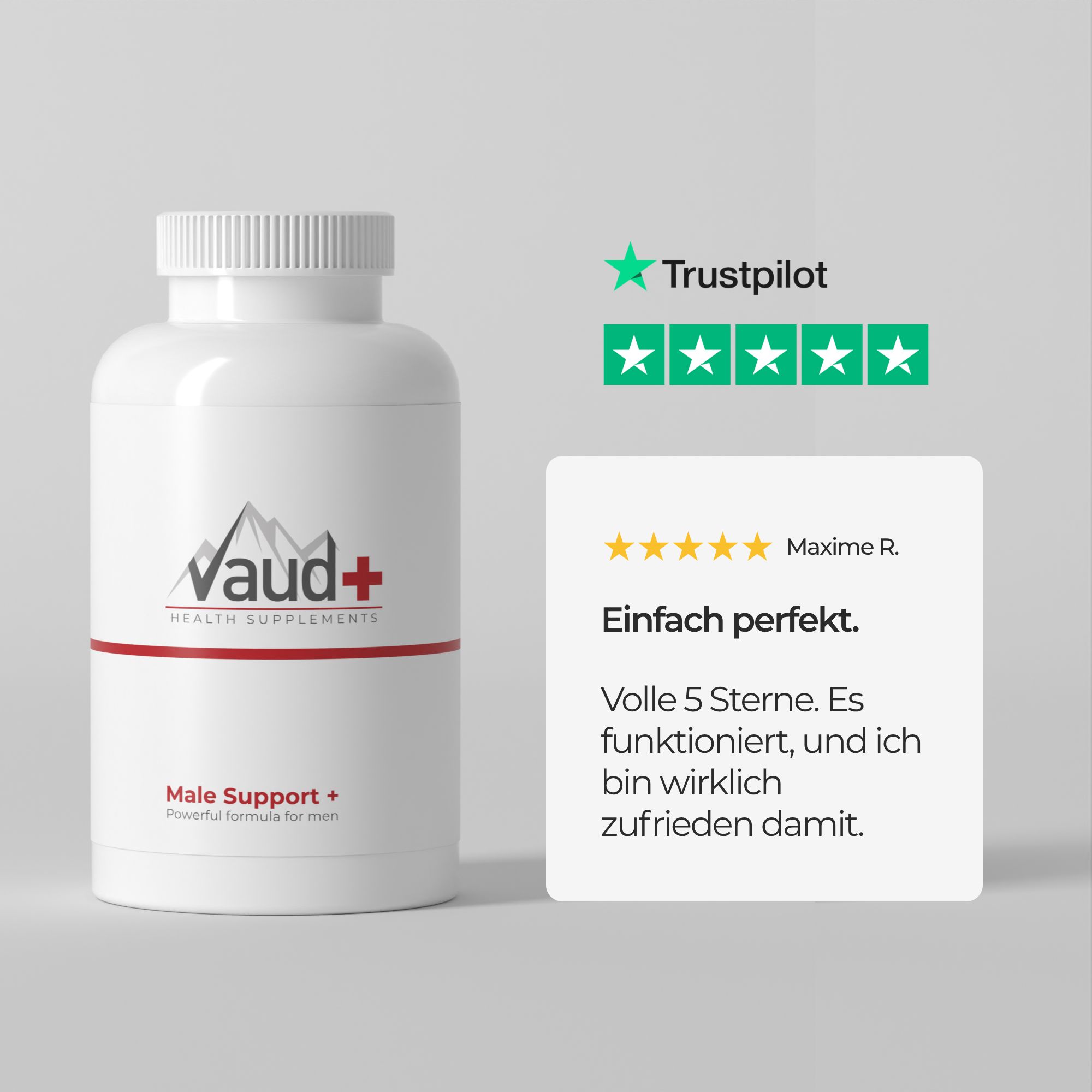 Weiße Flasche mit Kapseln. Text: Vaud+ Health Supplements, Male Support+. Trustpilot-Bewertung.
