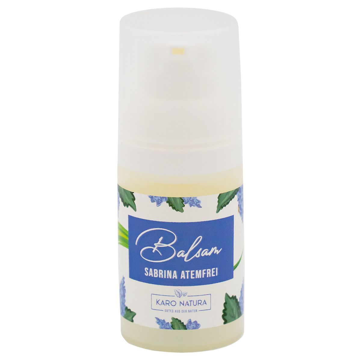 Körperbalsam-Flasche mit weißem Deckel und blauem Etikett. Aufschrift: Balsam, Sabrina Atemfrei, Karo Natura.