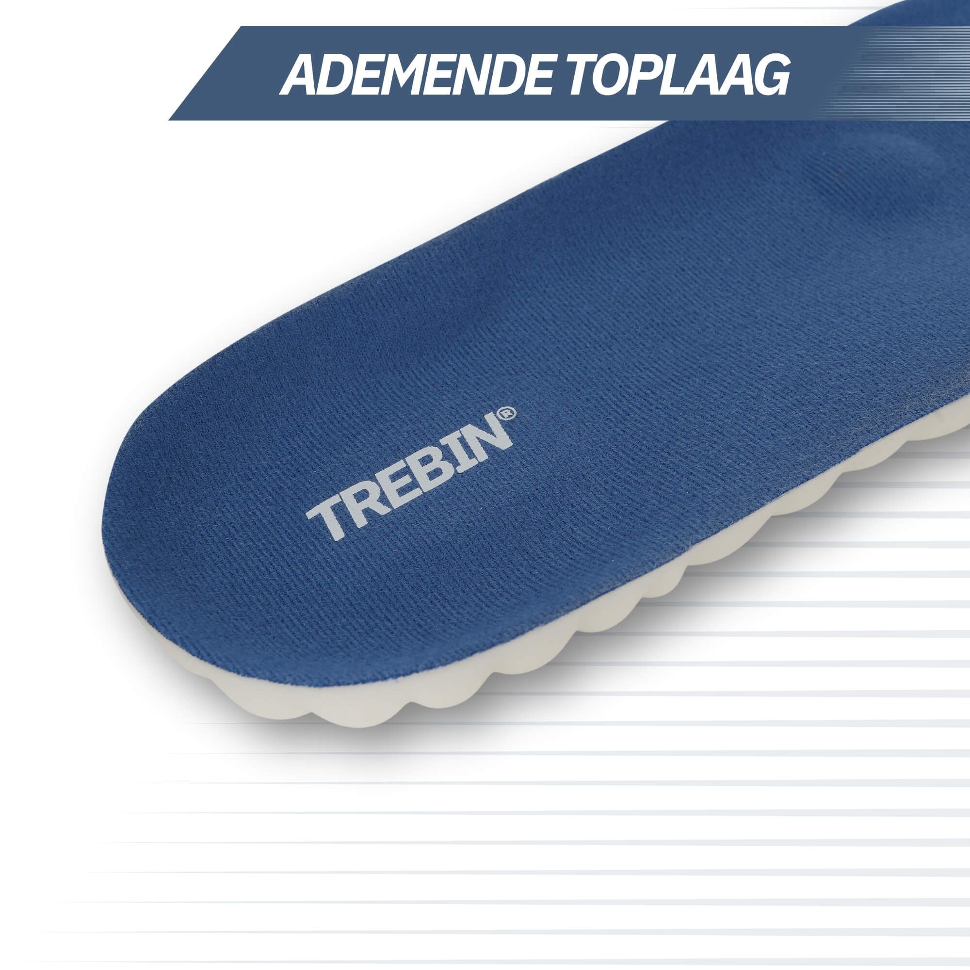 Blaue Einlegesohle mit dem Markennamen TREBIN und atmungsaktiver Oberfläche.