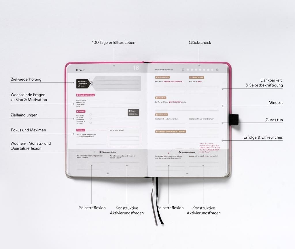 Geöffnetes Journal DRAN BLEIBEN, Beachy Rosé. Rosa Seiten, beschriftet mit Begriffen wie 'Zielwiederholung', 'Mindset'.
