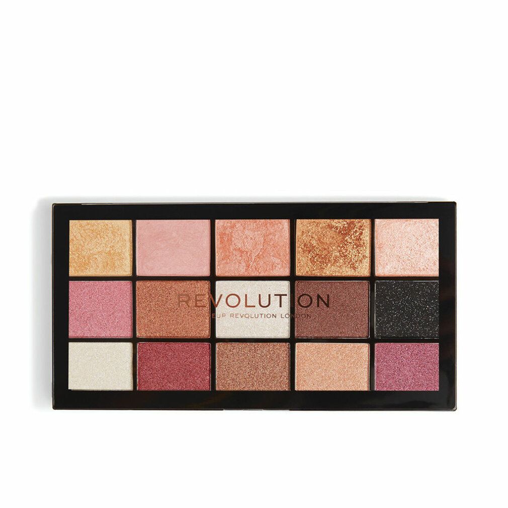 Make-up-Palette mit 16 Lidschatten in verschiedenen Rosé-, Gold- und Brauntönen. Marke 'Revolution' sichtbar.
