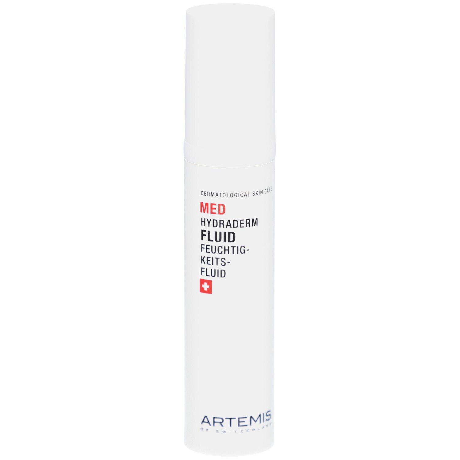 Weiße Flasche mit roter Aufschrift MED Hydraderm Fluid. Schweizer Kreuz. Artemis Logo.