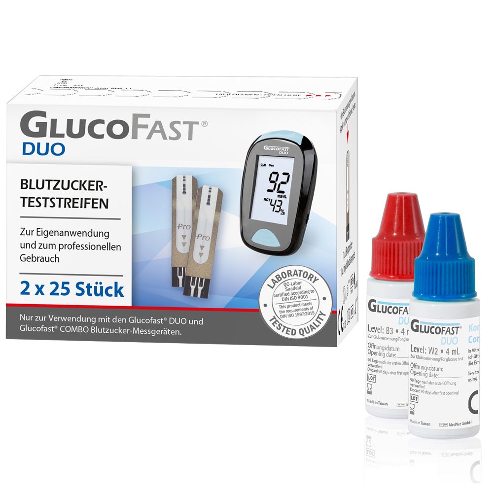 Glucofast Duo Blutzucker-Teststreifen und Kontrolllösung im Kombiset