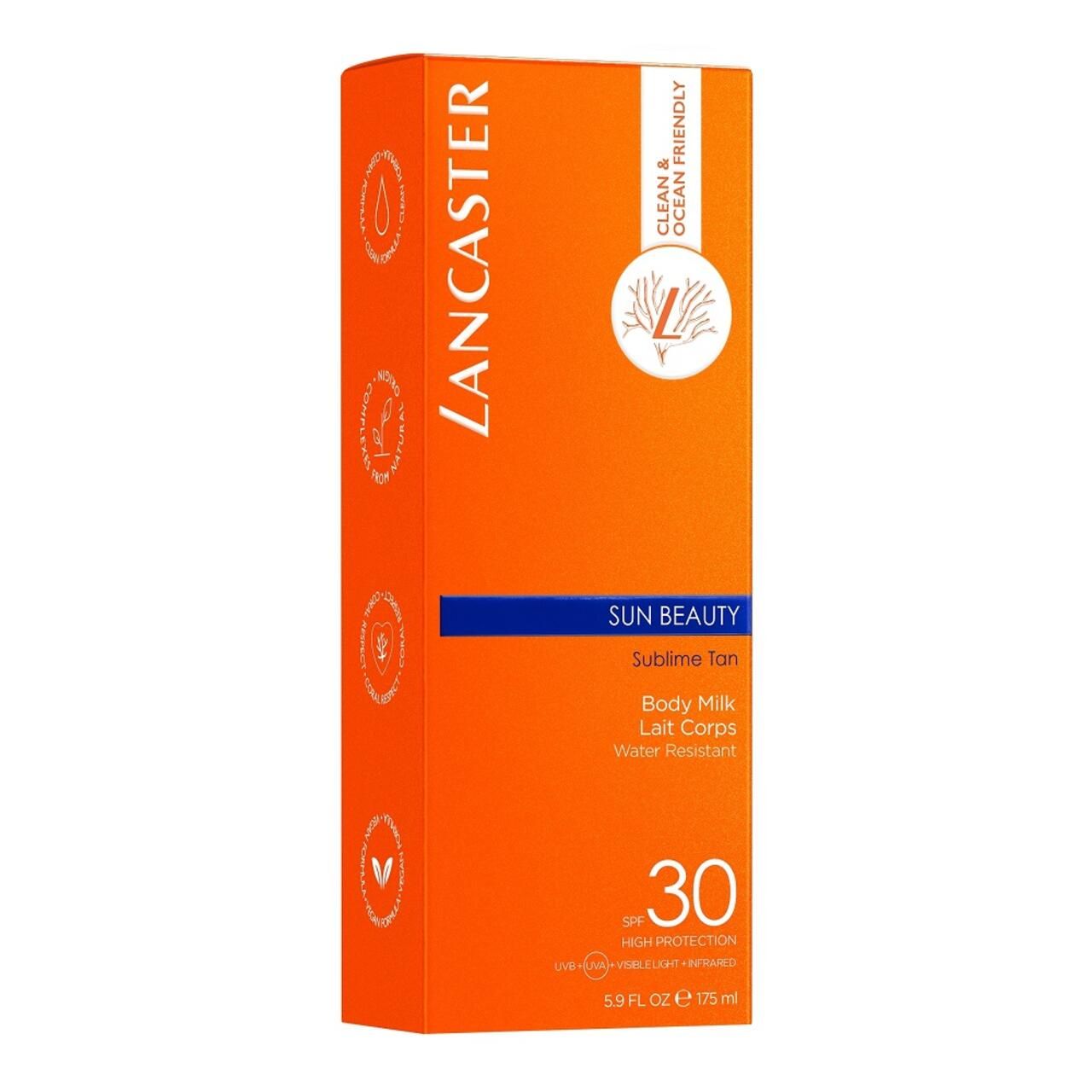 Orangefarbene Verpackung mit Produktnamen und SPF 30. Text: Lancaster, Sun Beauty, Body Milk, Water Resistant.