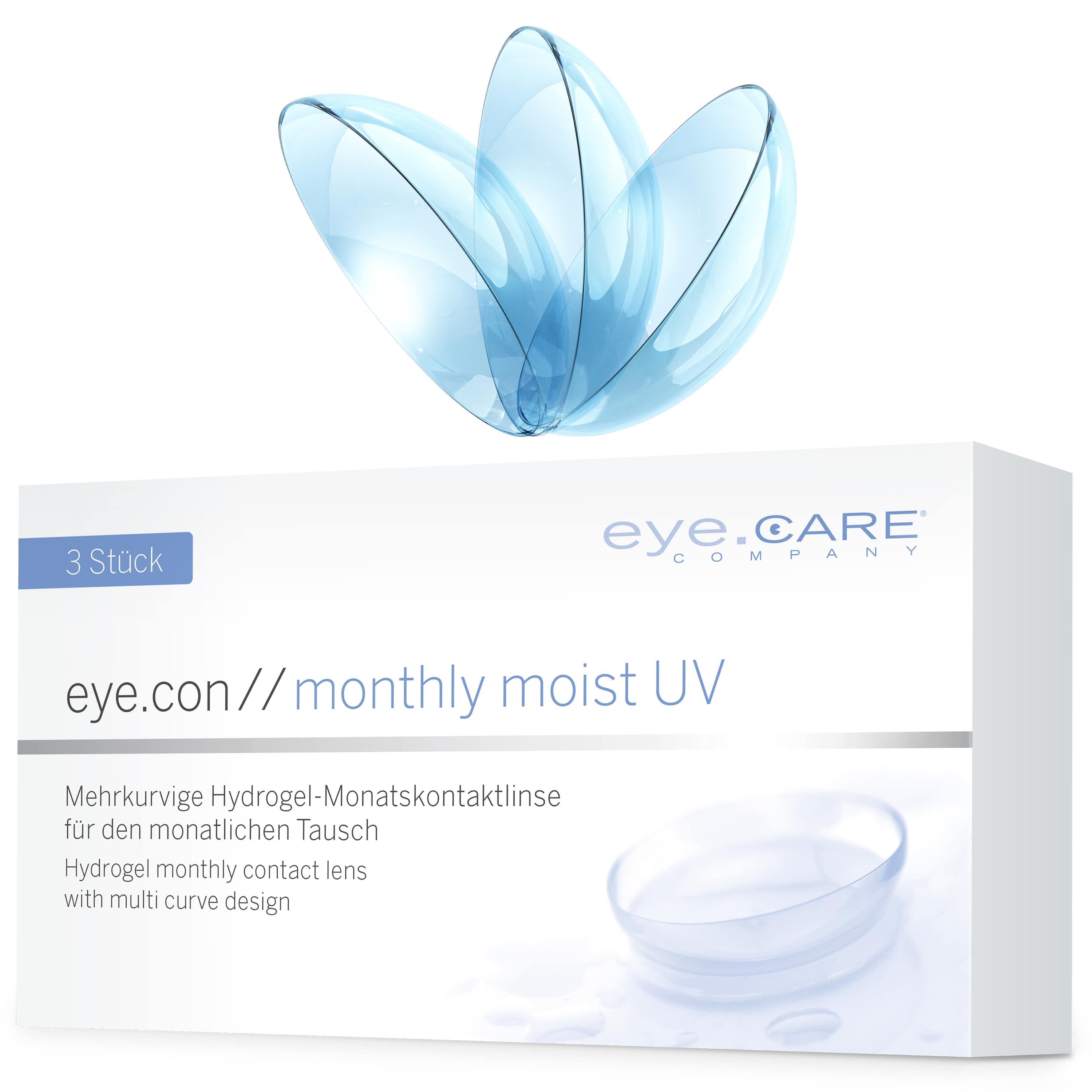 Packung mit drei eye.con monthly moist UV Kontaktlinsen. Blaue Linsen-Silhouetten über der Packung.