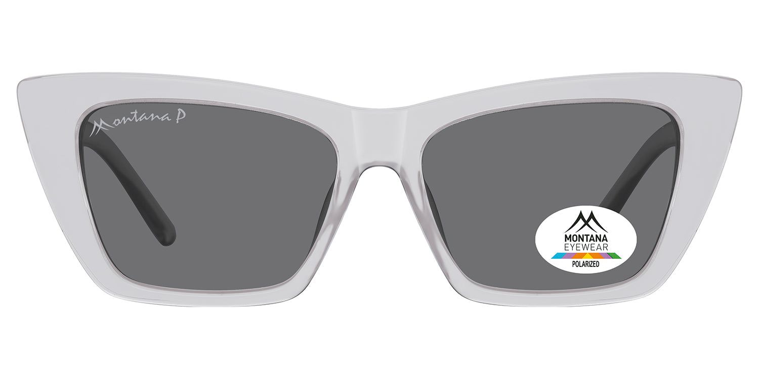 Graue Sonnenbrille mit eckiger Form. Montana Eyewear Logo auf dem Glas. Polarisierte Gläser. Schwarze Bügel.