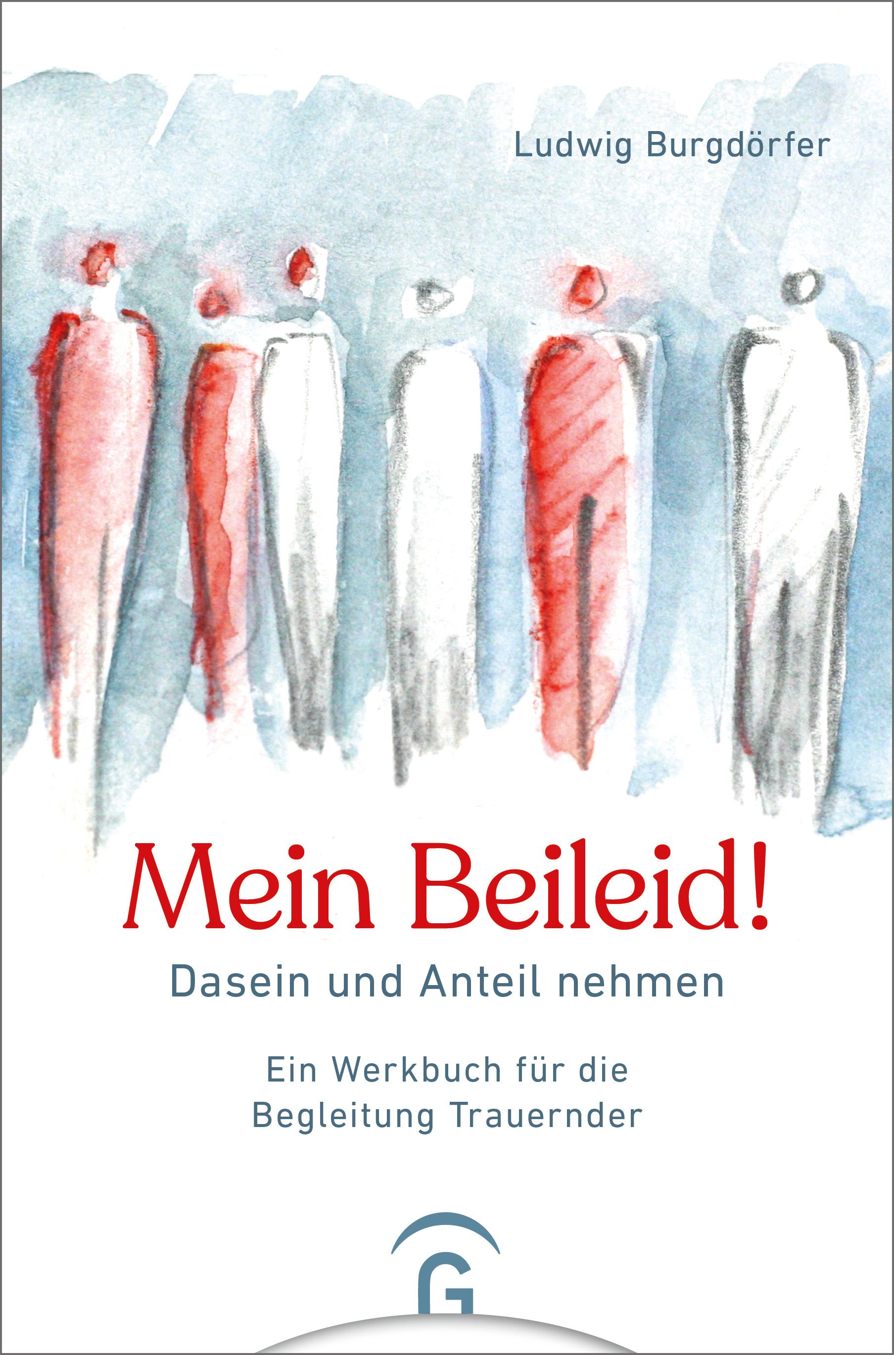 Buchcover: "Mein Beileid!". Titel in Rot, Untertitel und Autorenname. Aquarellierte Figuren in Rot und Weiß. Verlaglogo unten.