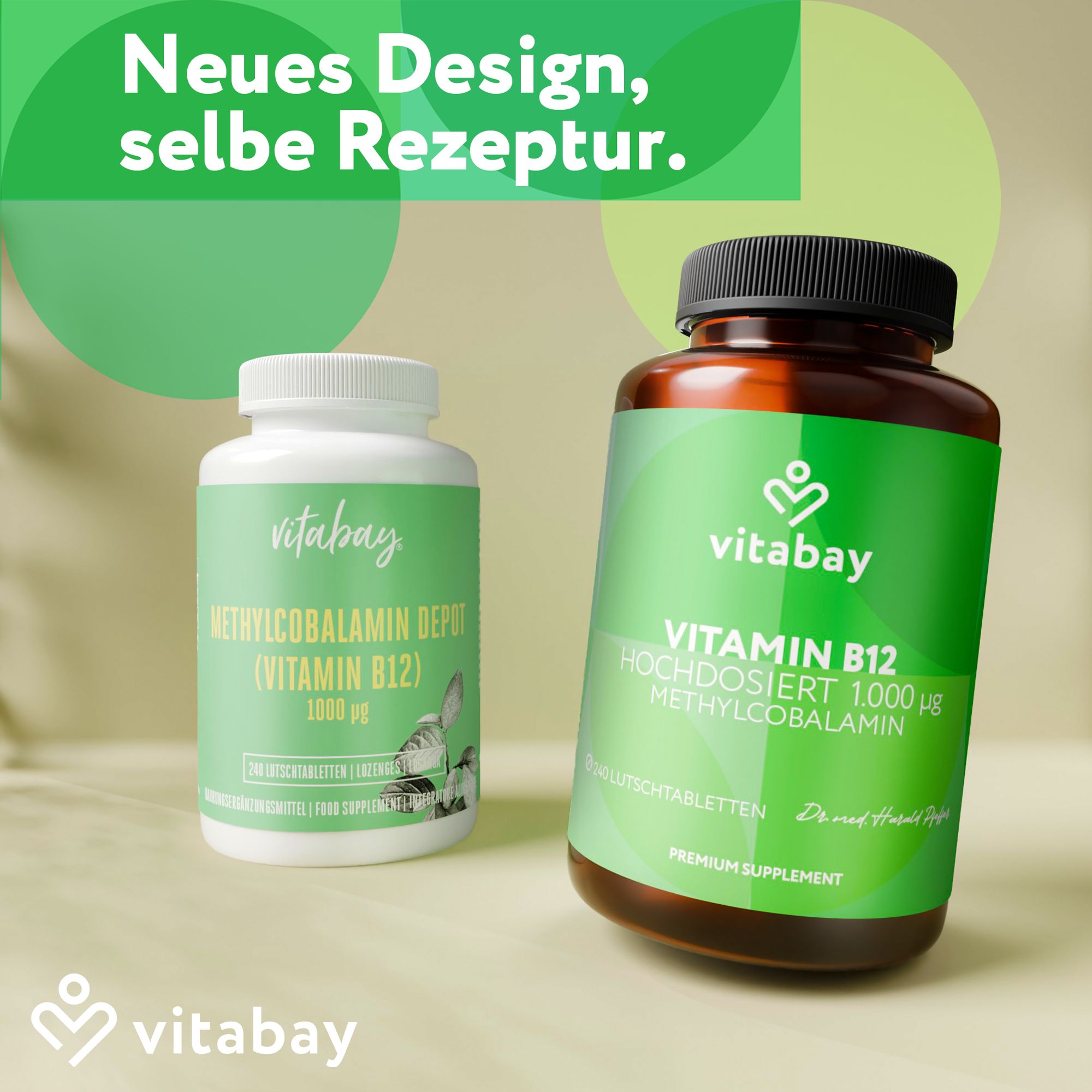 Vitabay Vitamin B12 Depot 1000 mcg, Flasche und Verpackung. Neues Design, gleiche Rezeptur.