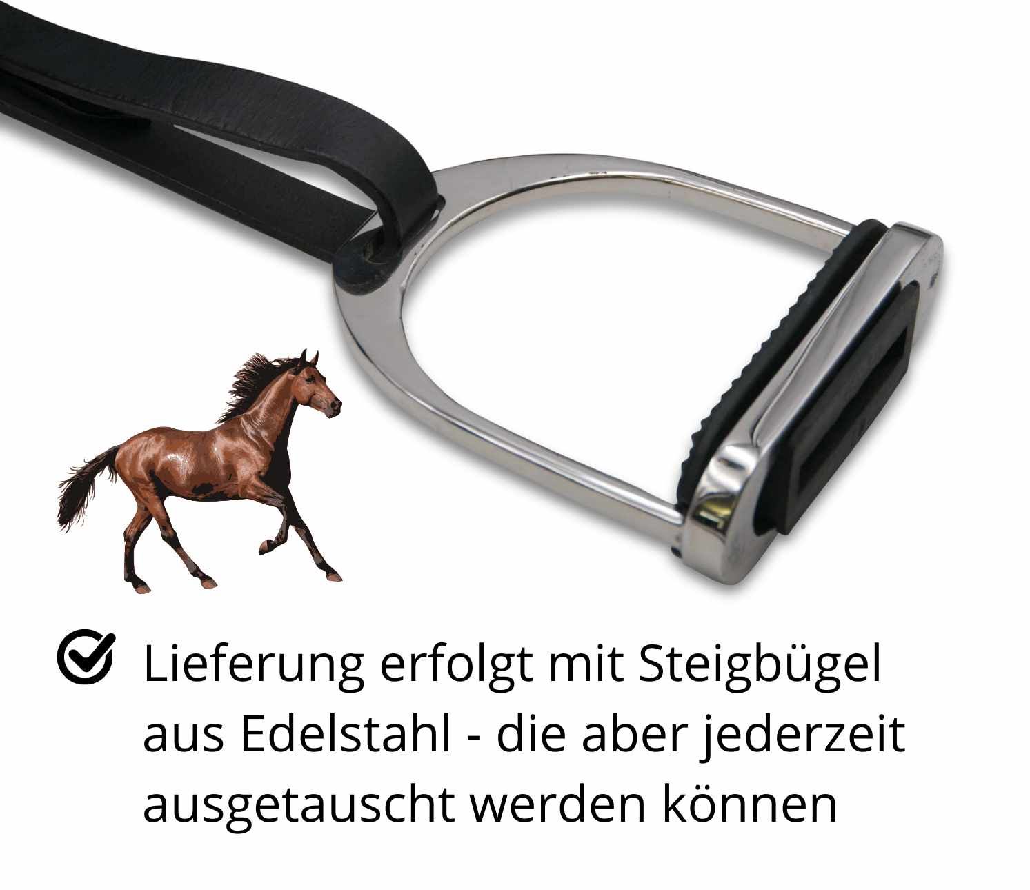 Edelstahl-Steigbügel. Text: Lieferung mit Edelstahl-Steigbügeln, die jederzeit ausgetauscht werden können. Pferd-Illustration.