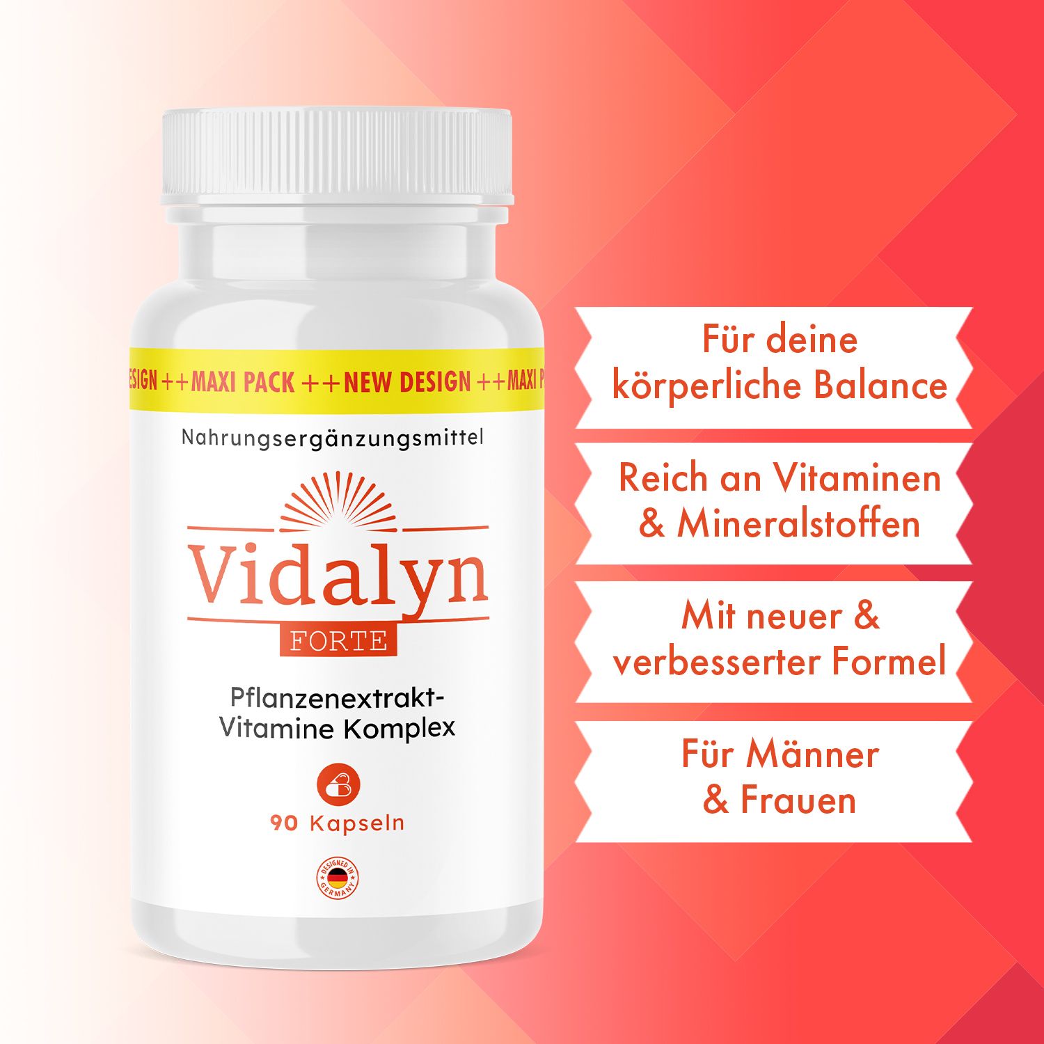 Vidalyn Forte Kapseln Flasche. Text: Für deine körperliche Balance, Reich an Vitaminen & Mineralstoffen, Mit neuer & verbesserter Formel, Für Männer & Frauen.