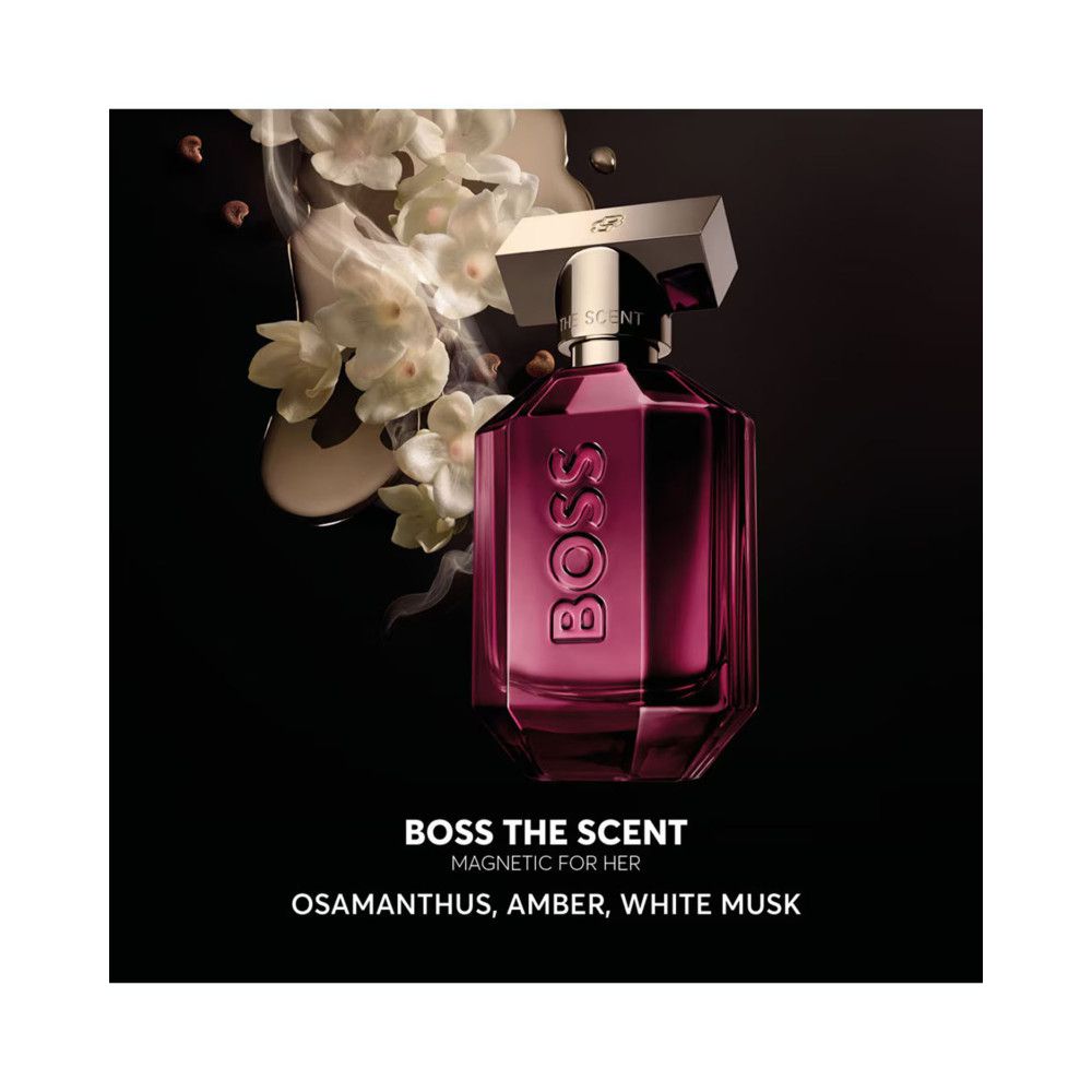 Hugo Boss The Scent Magnetic Eau de Parfum Flakon mit Osmanthus, Amber und weißem Moschus. Rauchige und blumige Noten.