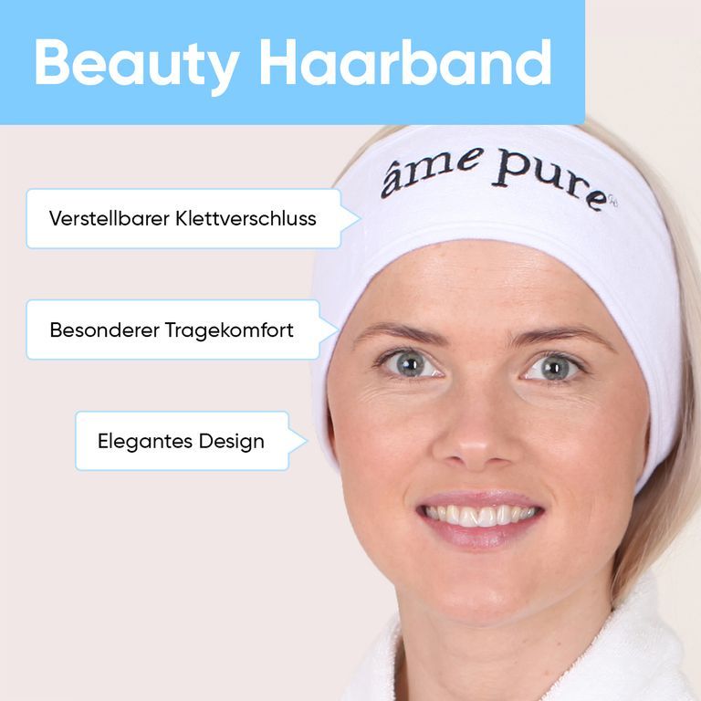 Frau mit weißem Stirnband. Aufschrift: âme pure. Text: Beauty Haarband, verstellbarer Klettverschluss, etc.