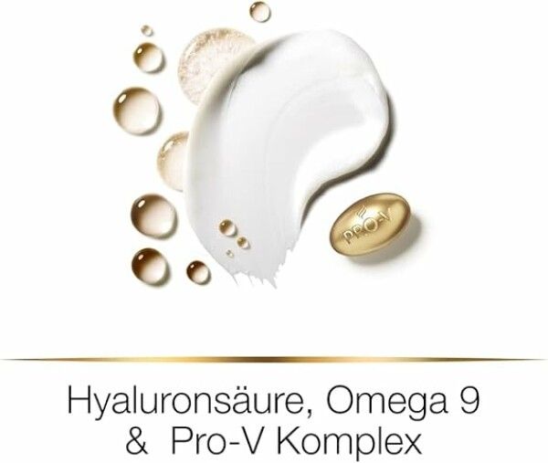 Weißes Produkt mit Tropfen und goldener Kapsel. Text: Hyaluronsäure, Omega 9 & Pro-V Komplex.