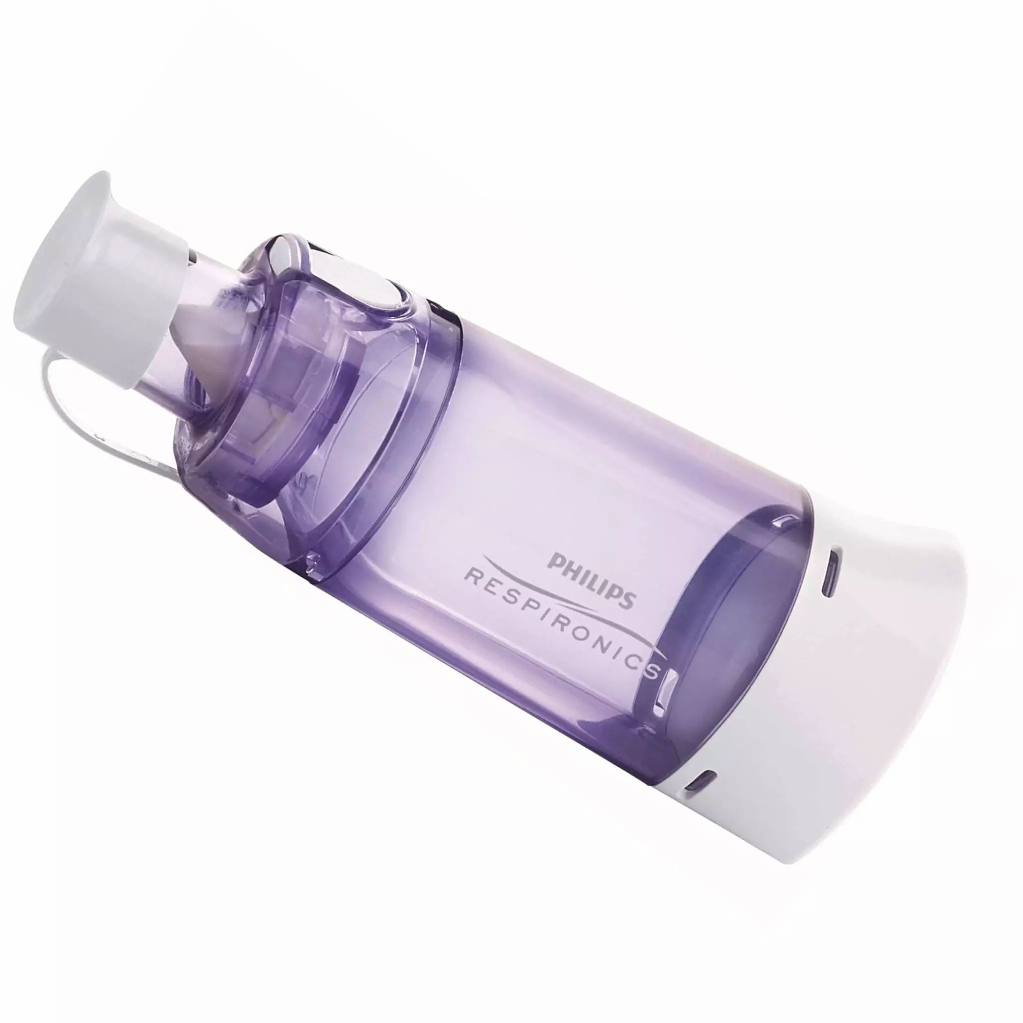 Lila und weiße Philips Respironics Inhalatoreinheit mit weißem Mundstück.