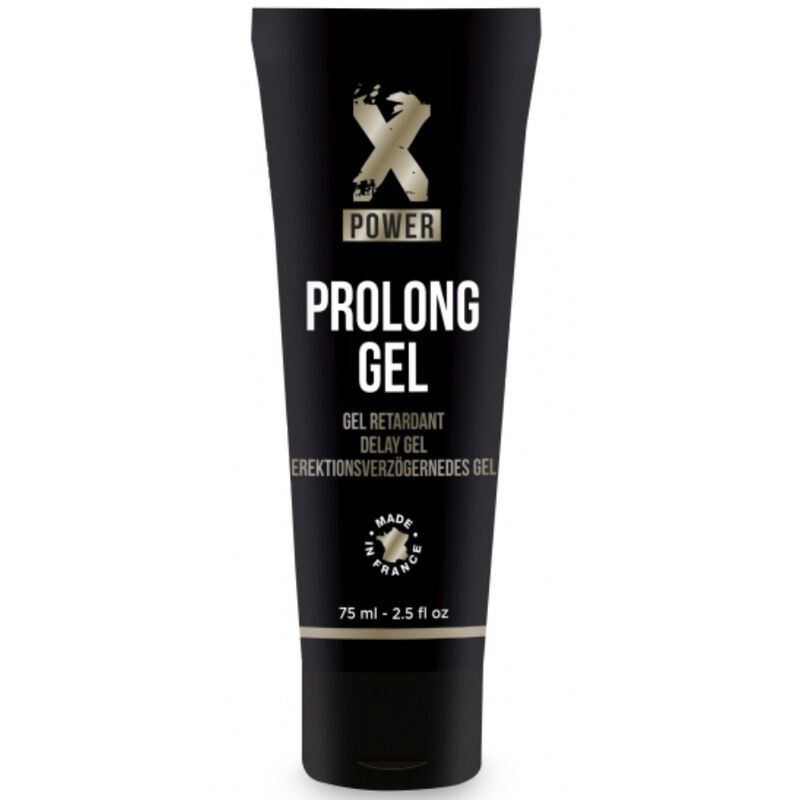Schwarze Tube mit weißer Schrift. Enthält „X POWER PROLONG GEL“. Text: „GEL RETARDANT“, „DELAY GEL“, „EREKTIONSVERZÖGERNDES GEL“. „MADE IN FRANCE“.
