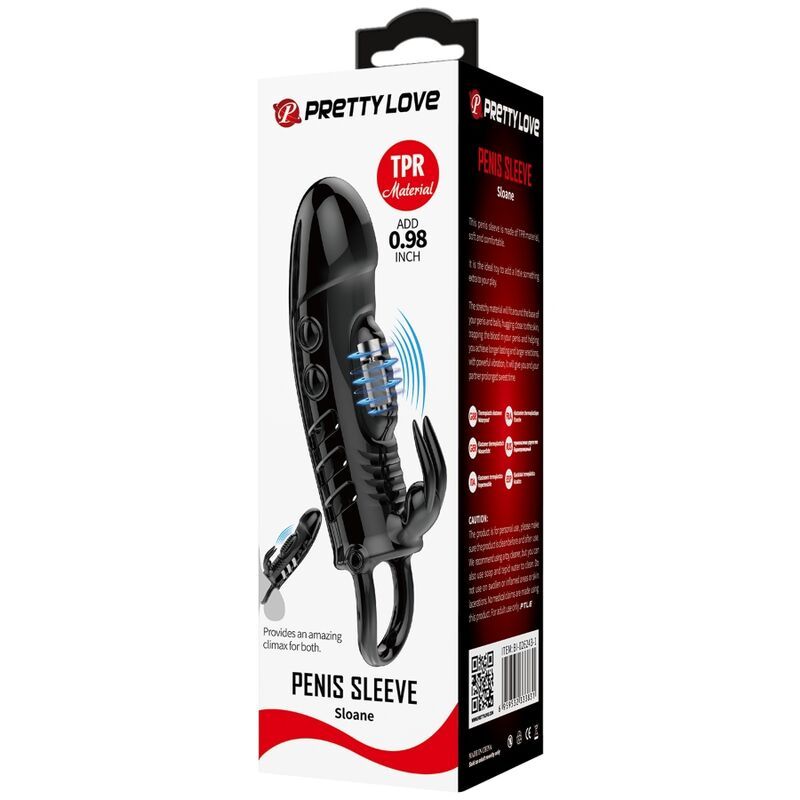 Verpackung von Pretty Love Sloane Penishülle. Produktname, TPR Material, "ADD 0.98 INCH".