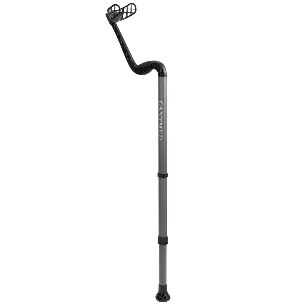 Gehstütze mit Unterarmauflage und Griff. Grauer Schaft, schwarze Auflage. GANYMED®-Schriftzug.