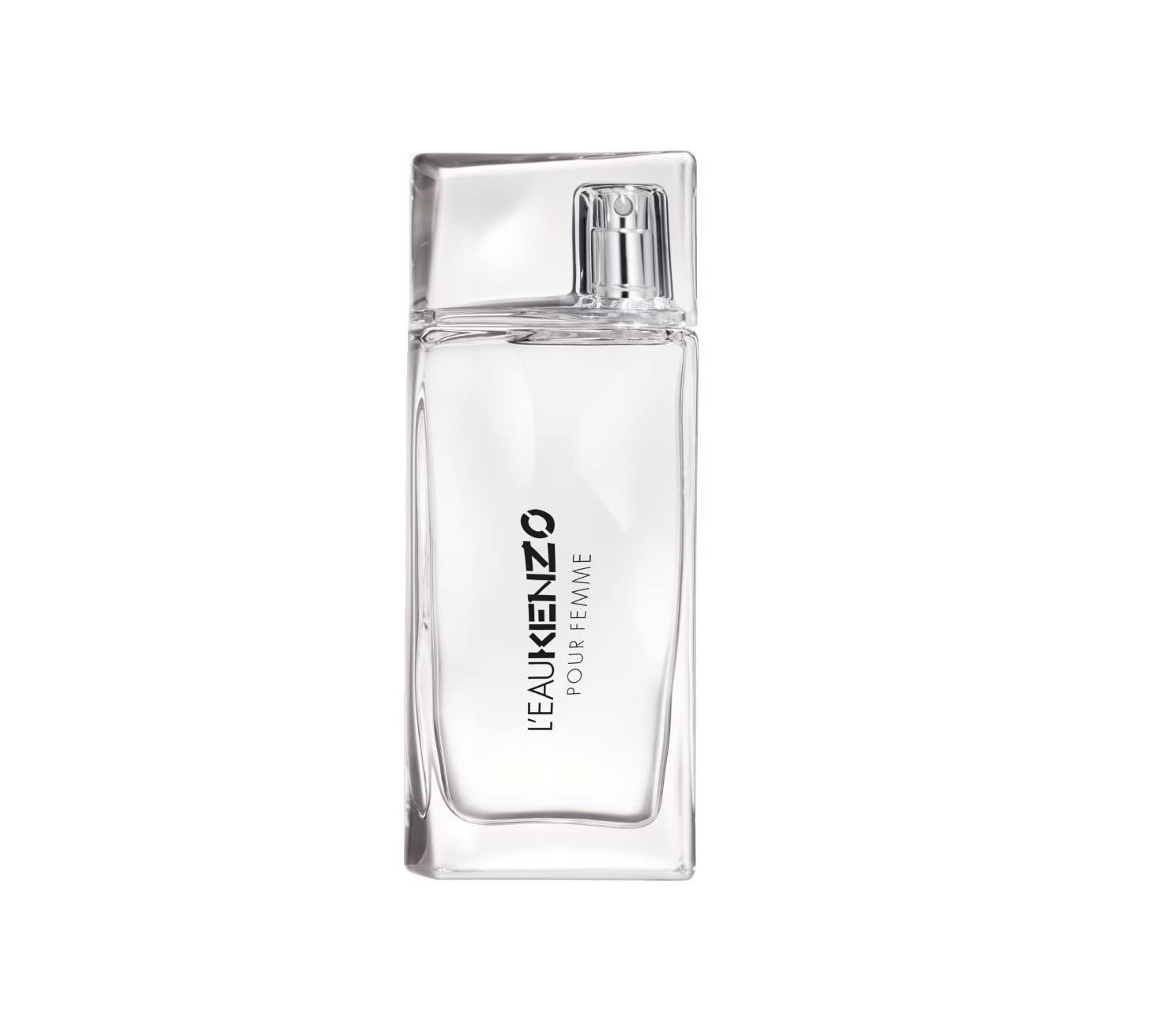 Klarer Flakon mit Sprühkopf. Aufschrift: L'EAU KENZO POUR FEMME. Rechteckige Form mit abgerundeten Kanten.