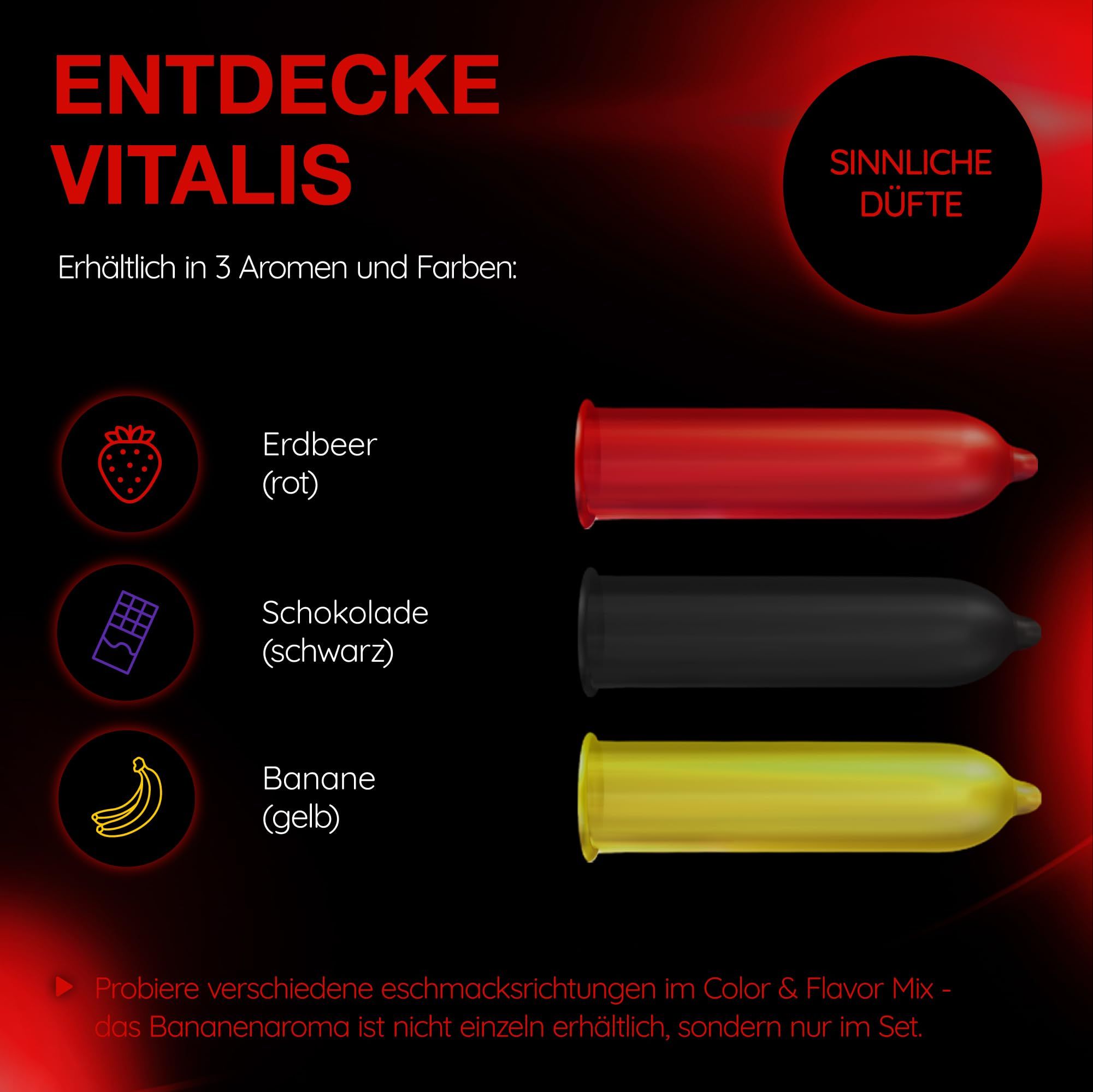 Vitalis Kondome in Rot (Erdbeer), Schwarz (Schokolade), Gelb (Banane). Sinnliche Düfte.