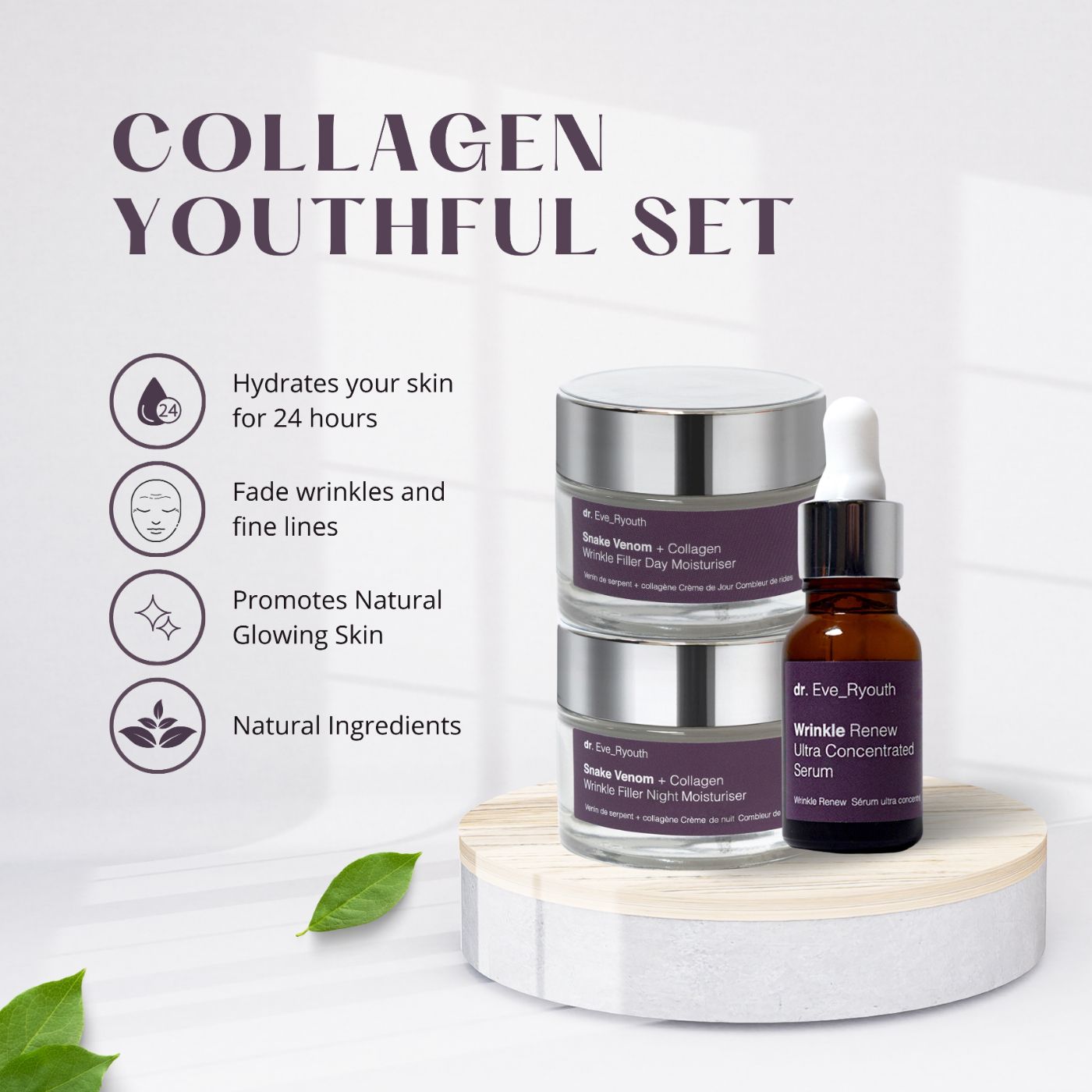 Anti-Aging-Set mit zwei Cremetiegeln und einer Serumflasche. Aufschrift: Dr. Eve_Ryouth. Text: Collagen Youthful Set. Vorteile: Hydratation, Faltenreduktion.
