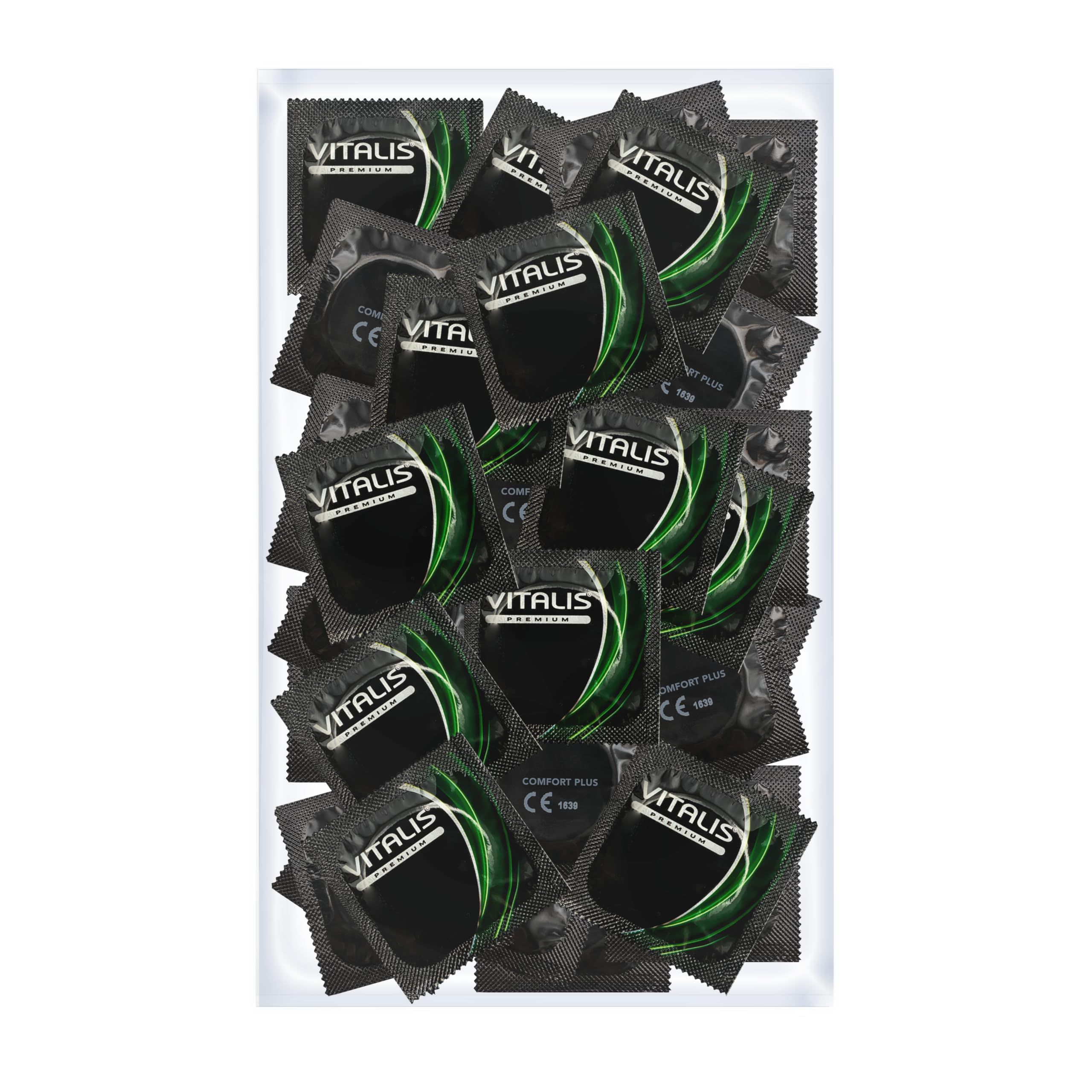 Vitalis PREMIUM Comfort Plus Kondome, 100 Stück. Einzeln verpackt, transparent, mit Reservoir.