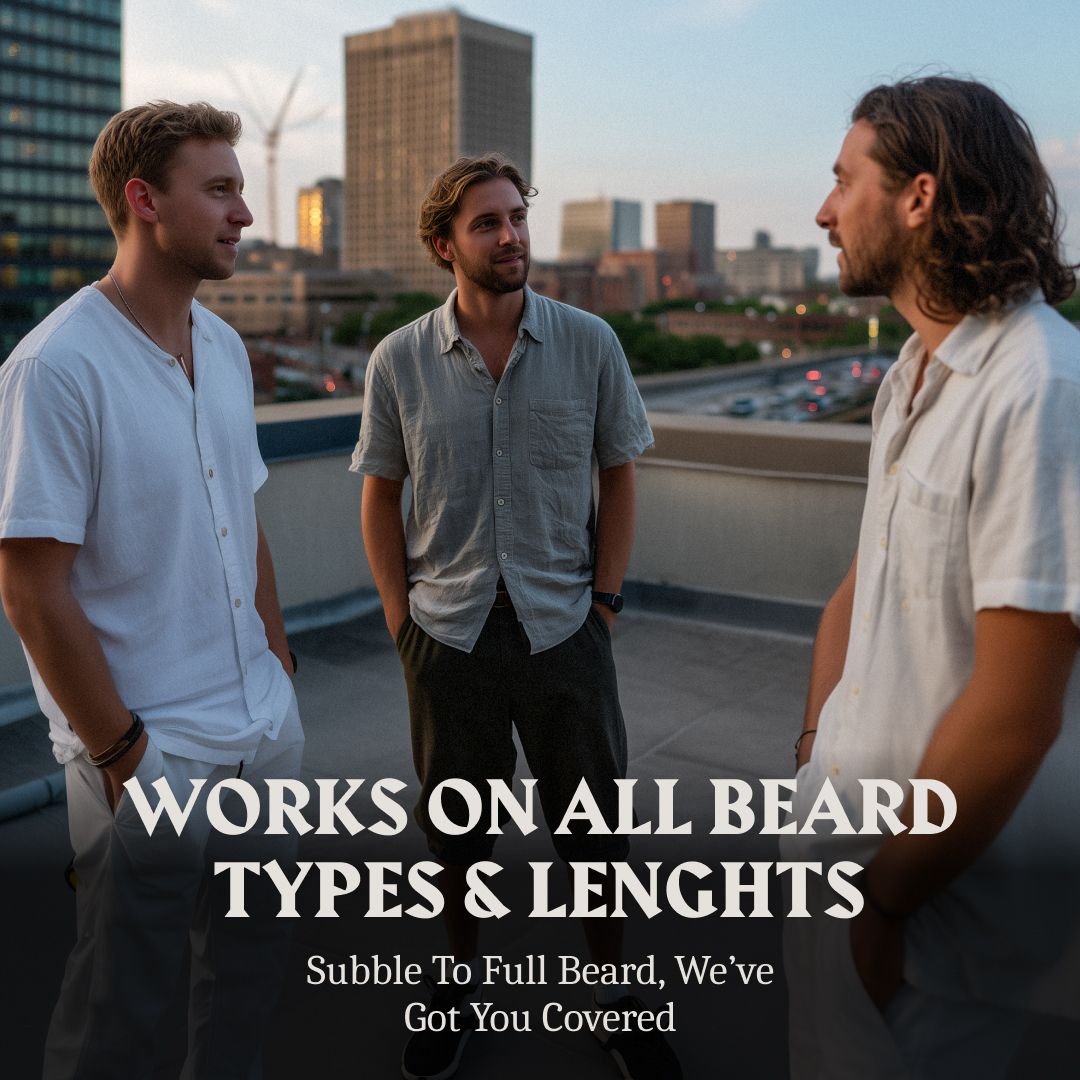 Drei Männer auf einem Dach mit Stadtblick. Text: "WORKS ON ALL BEARD TYPES & LENGHTS".