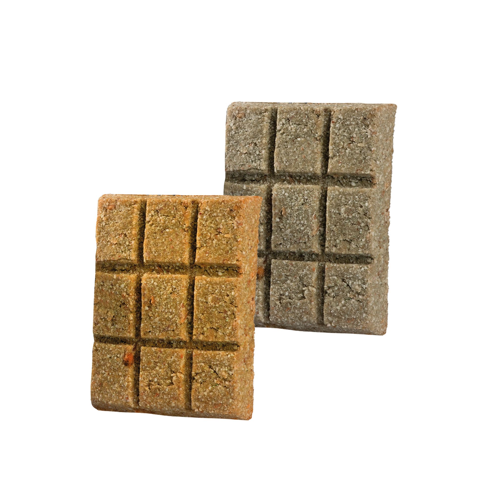 Zwei quadratische Hundekuchen. Einer hellbraun, einer grau. Beide mit quadratischem Muster.