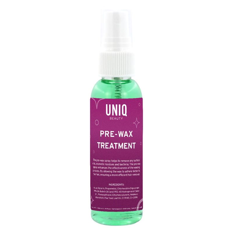 Grüne Sprühflasche mit UNIQ BEAUTY-Logo. Text: PRE-WAX TREATMENT. Inhaltsstoffe.