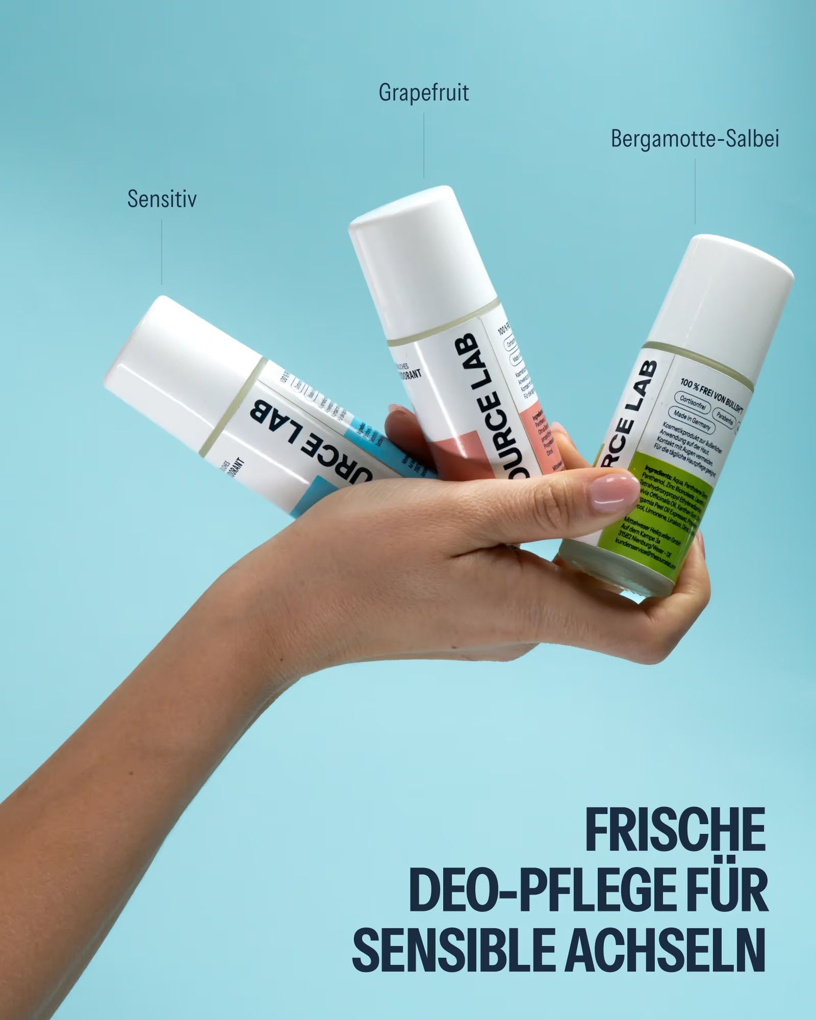 Drei SOURCE LAB Deo Roll-ons: Sensitiv, Grapefruit, Bergamotte-Salbei.