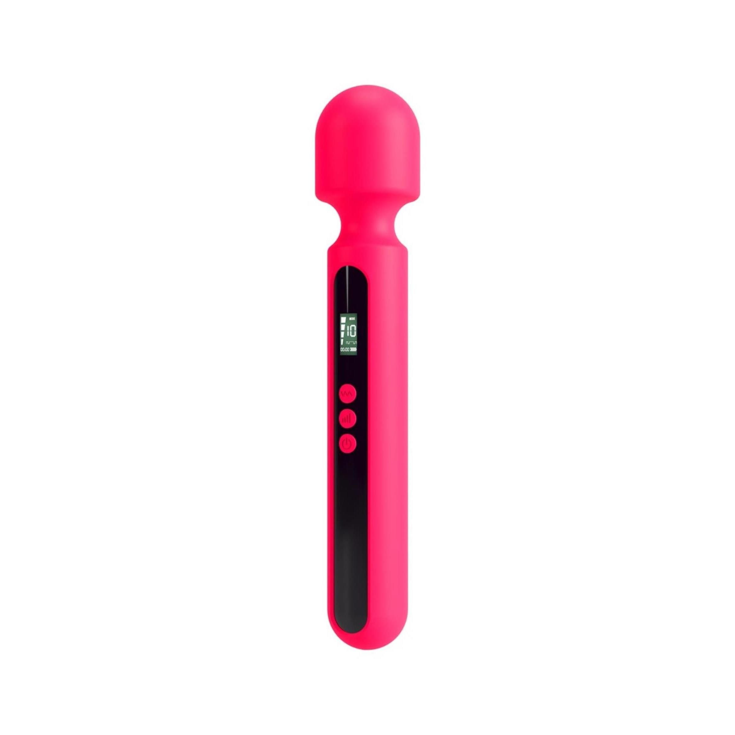 Pinkfarbener Vibrator mit rundem Kopf und langem Griff. Der Griff hat einen schwarzen Bereich mit Knöpfen und einem Display.