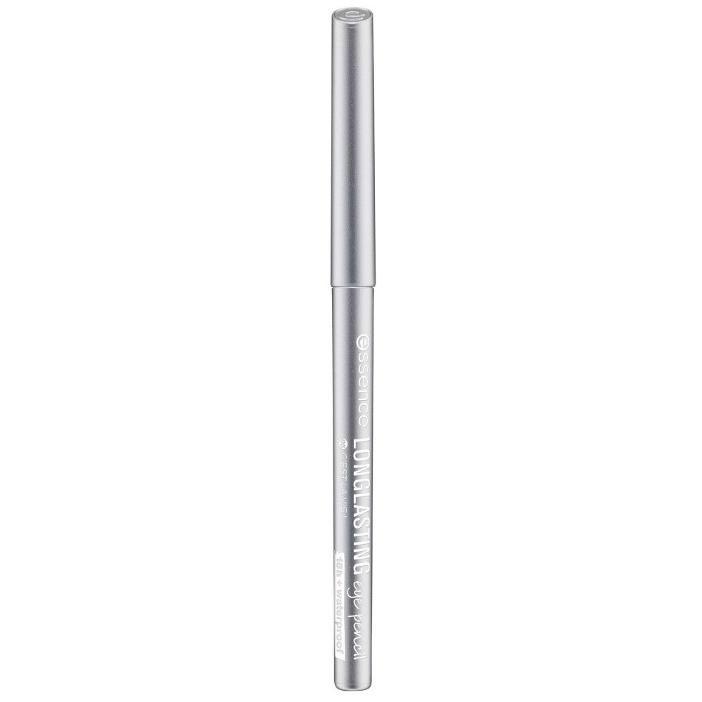 Silberfarbener Augenstift. Aufschrift: Essence, Longlasting eye pencil. Spitze und Stiftende sind silberfarben.
