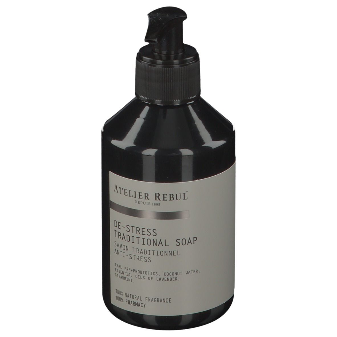 Schwarze Flasche mit Pumpe. Aufschrift: ATELIER REBUL, DE-STRESS TRADITIONAL SOAP. Enthält ätherische Öle.