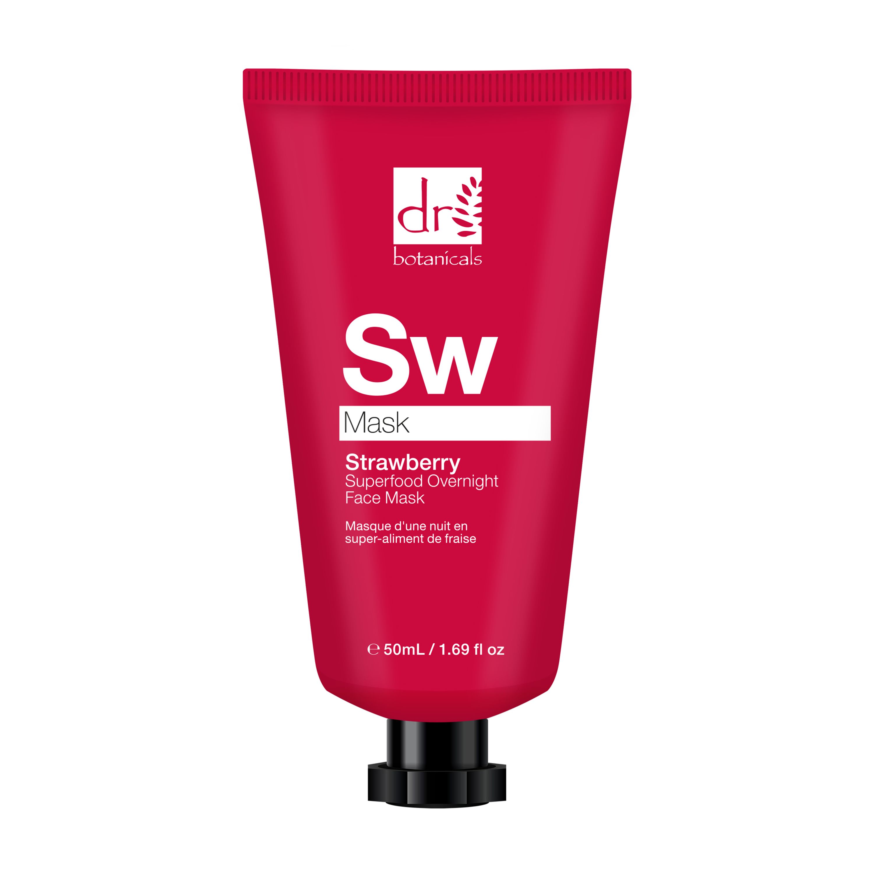 Rote Tube mit schwarzem Deckel. Aufschrift: Dr Botanicals, Sw Mask, Strawberry Superfood Overnight Face Mask.