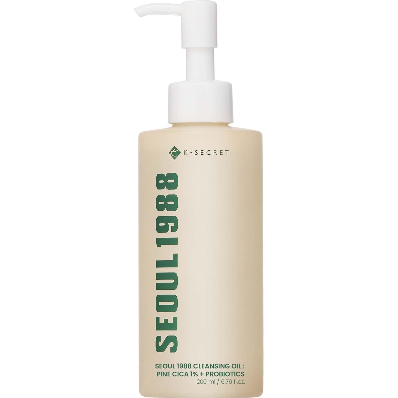 K-SECRET Seoul 1988 Cleansing Oil mit Pumpspender. Beige Flasche mit grüner Schrift.