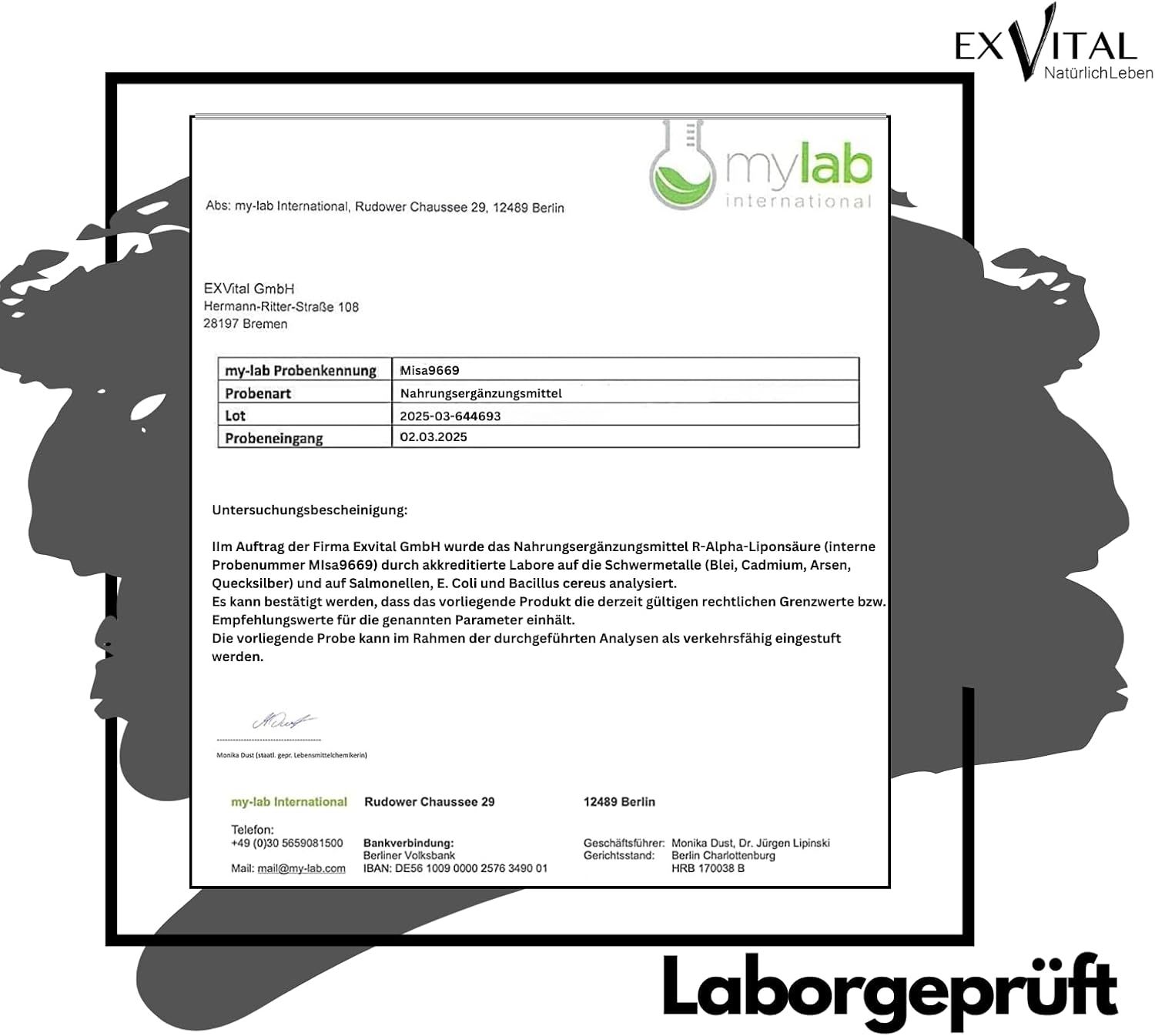 Laborbericht von mylab International. Nahrungsergänzungsmittel R-Alpha-Liponsäure. Laborgeprüft.