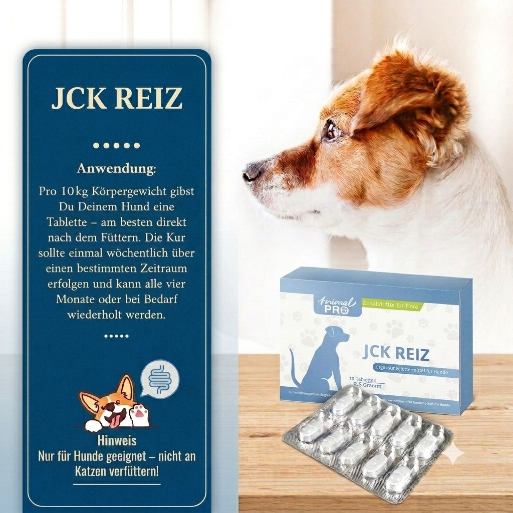Hund und detaillierte Anwendungsinformationen für JCK REIZ Tabletten für Hunde.
