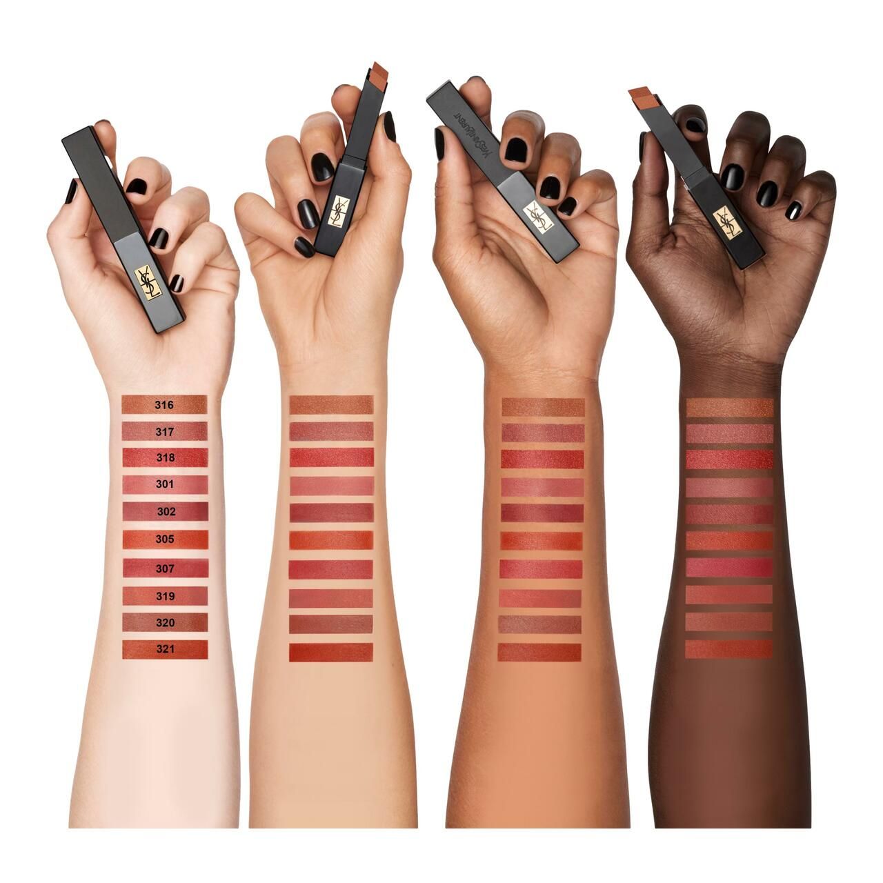 Arme mit Lippenstift-Swatches. Yves Saint Laurent The Slim Velvet Radical, Farbtöne 316-321. Verschiedene Hauttöne.