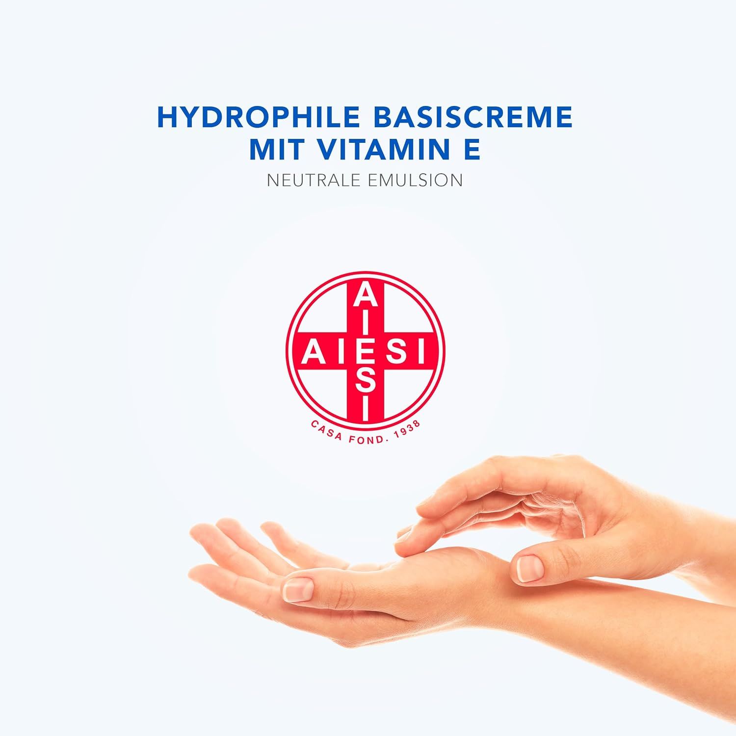 Hydrophile Basiscreme mit Vitamin E, neutrale Emulsion, mit Aiesi Logo.