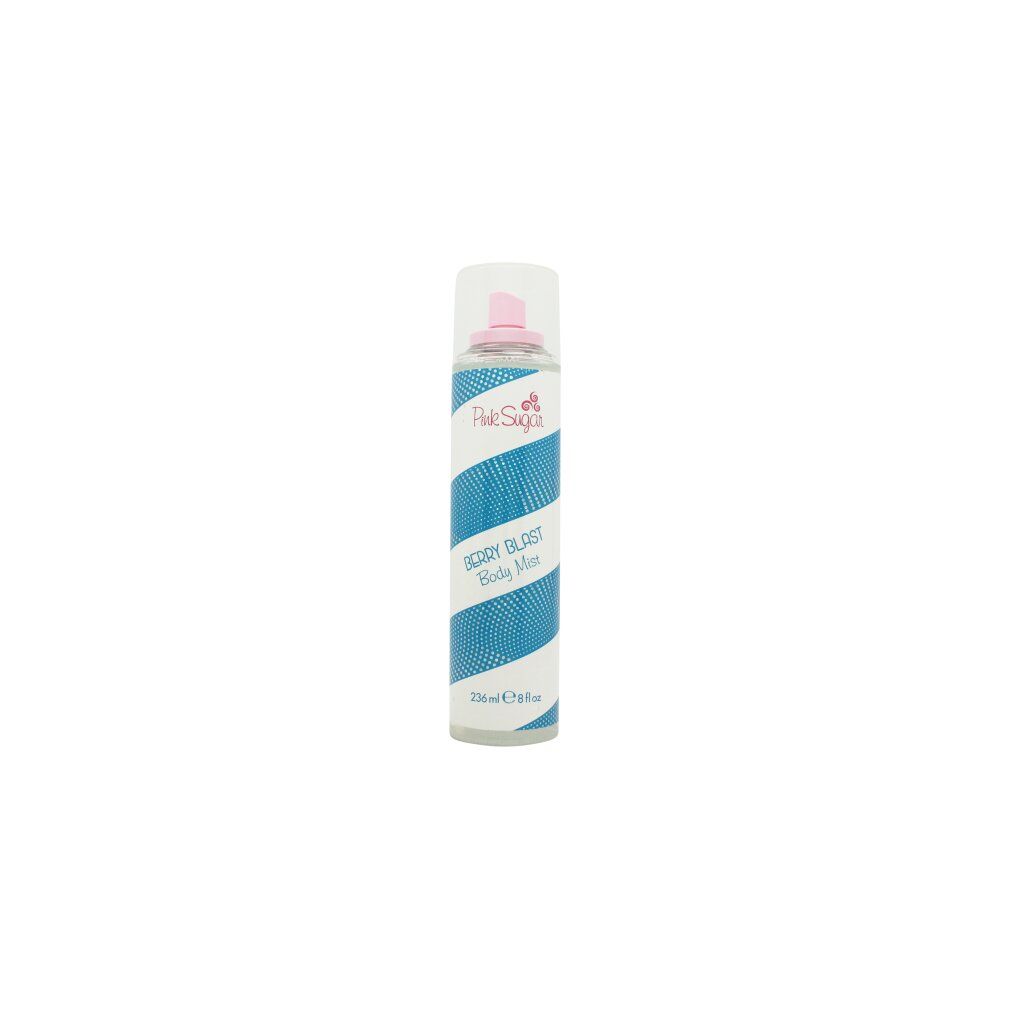 Körpernebel mit blau-weißem Streifenmuster. Rosa Sprühkopf. Text: Pink Sugar, Berry Blast Body Mist, 236 ml 8 fl oz.