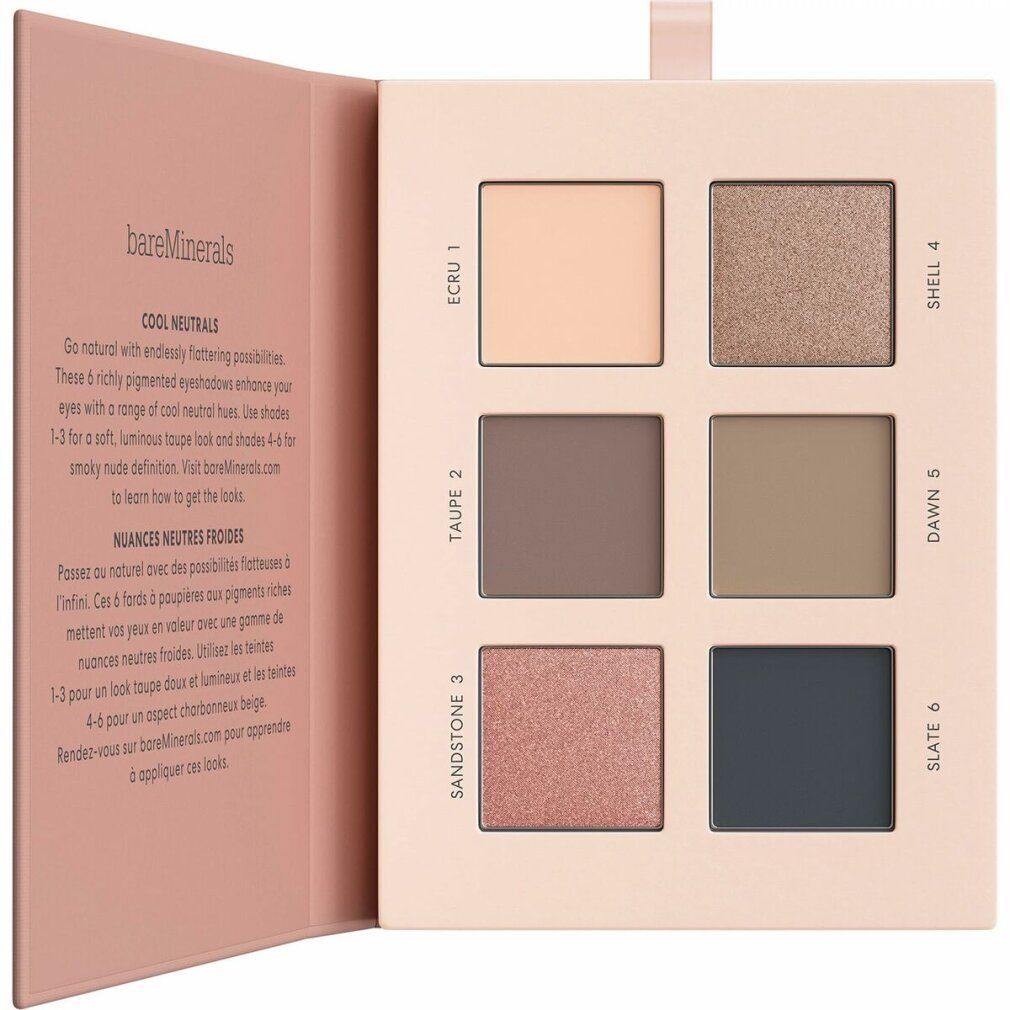 Geöffnete Lidschatten-Palette mit sechs Farbtönen. Rosa Verpackung mit Produktnamen und Farbbezeichnungen. 